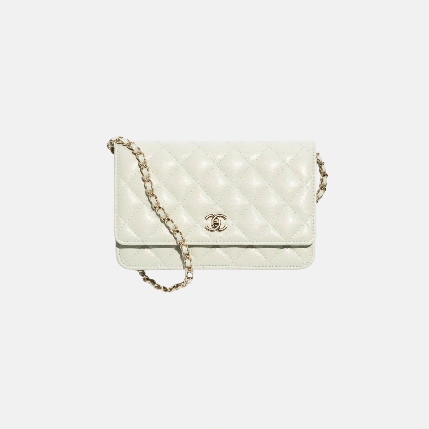 Chanel Classic Wallet on Chain in Grained Shiny Calfskin and Gold Tone, Light Green, Front