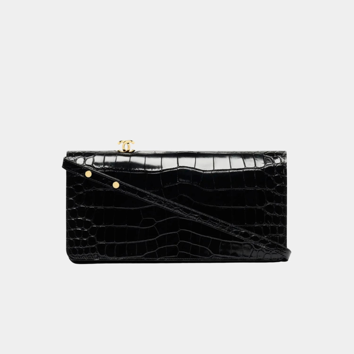 Chanel Clutch in Crocodile Embossed Calfskin &amp; Gold-Tone Metal, Black, Front