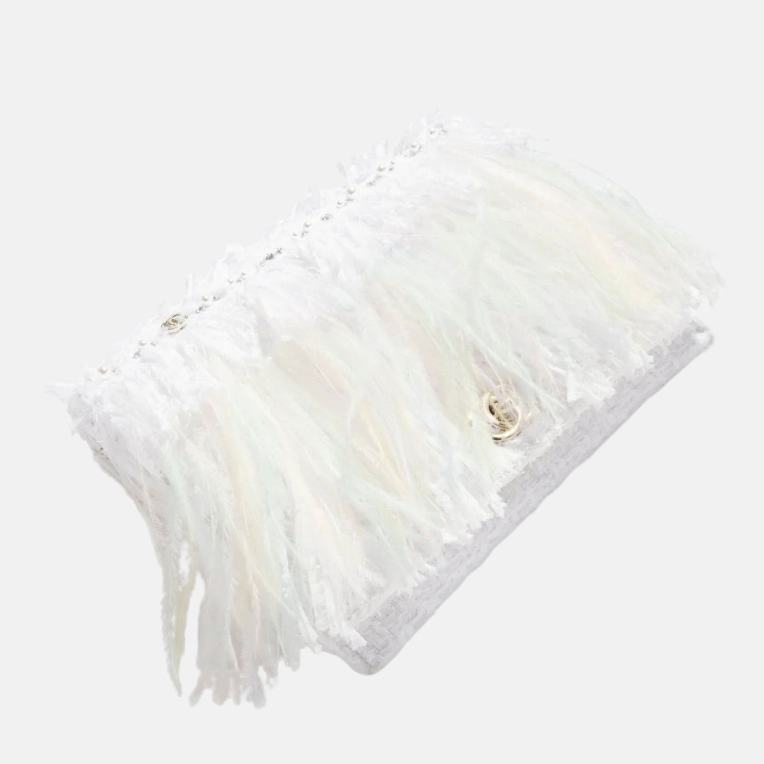 Chanel Clutch In Tweed Feathers Pearls &amp; Gold Tone Metal White, Close