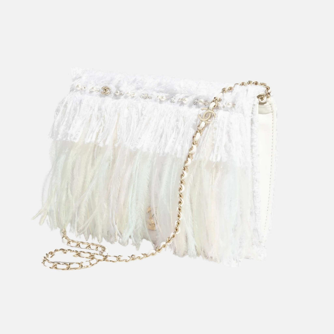 Chanel Clutch In Tweed Feathers Pearls &amp; Gold Tone Metal White, Front
