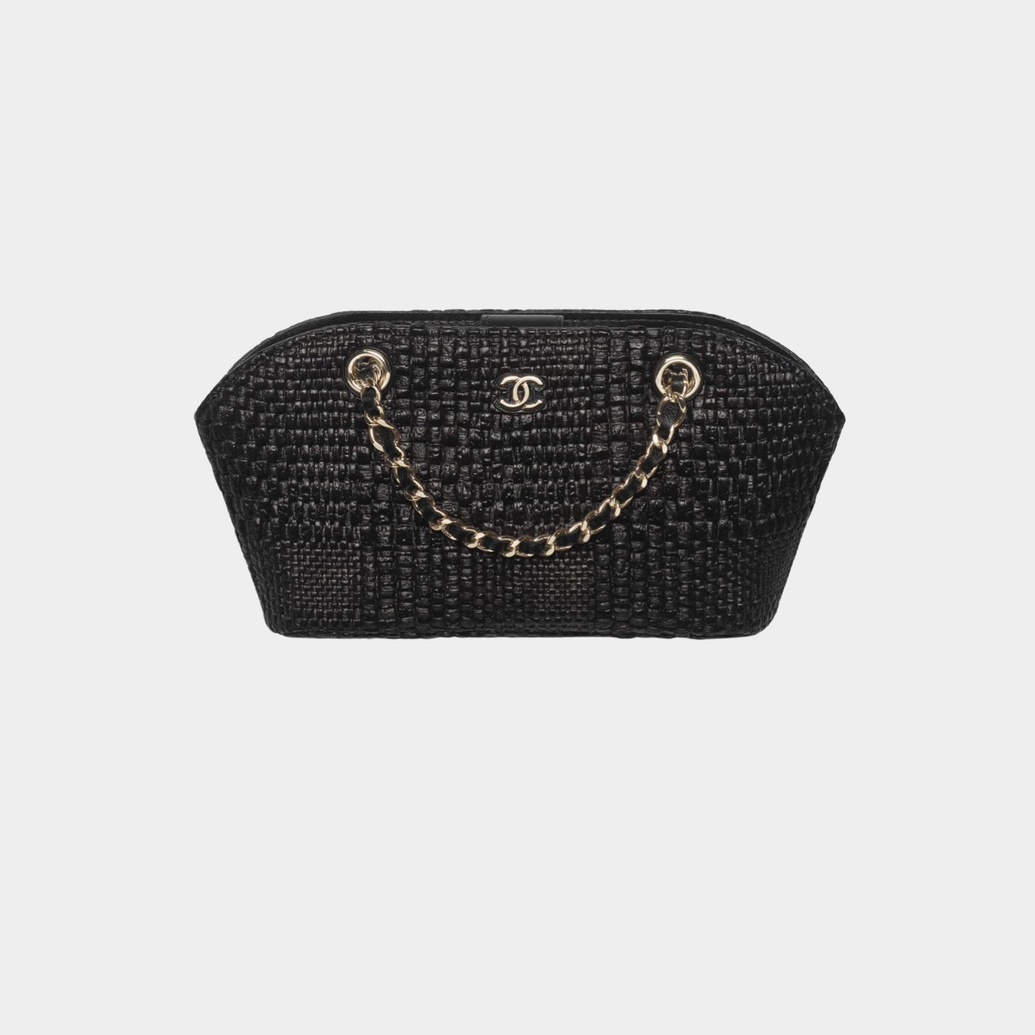 Clutch With Chain Braided Raffia &amp; Gold Tone Metal Black