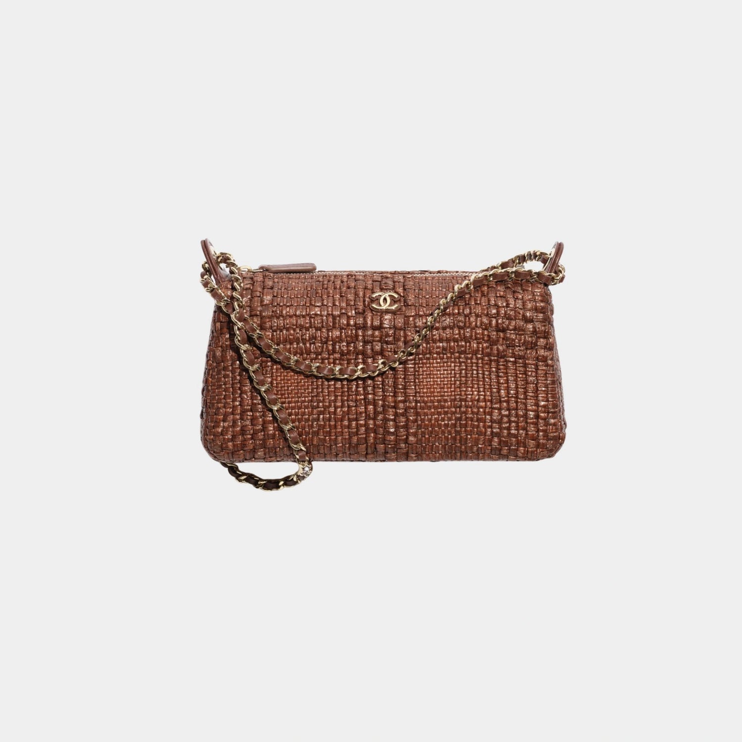 Clutch With Chain Braided Raffia &amp; Gold Tone Metal