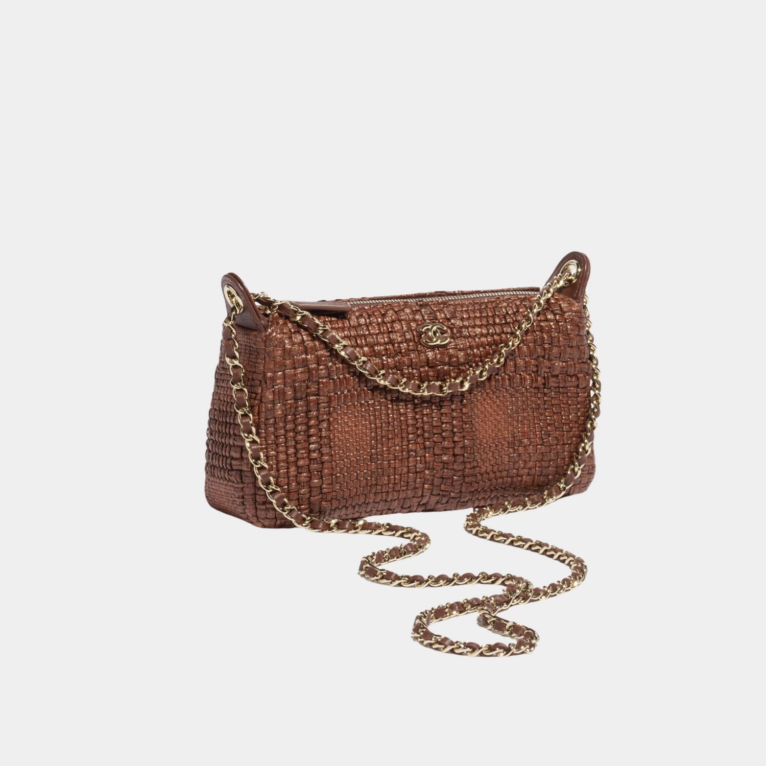 Clutch With Chain Braided Raffia &amp; Gold Tone Metal