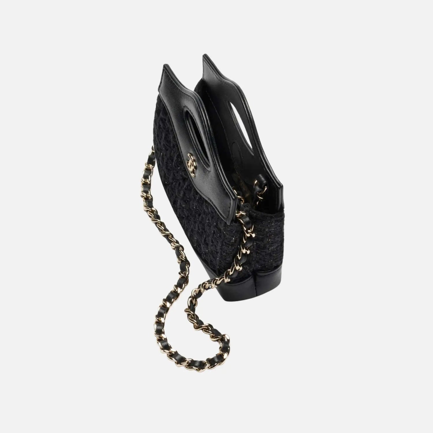 Chanel Clutch With Chain Cotton Tweed Shiny Lambskin Gold Tone Metal, Back