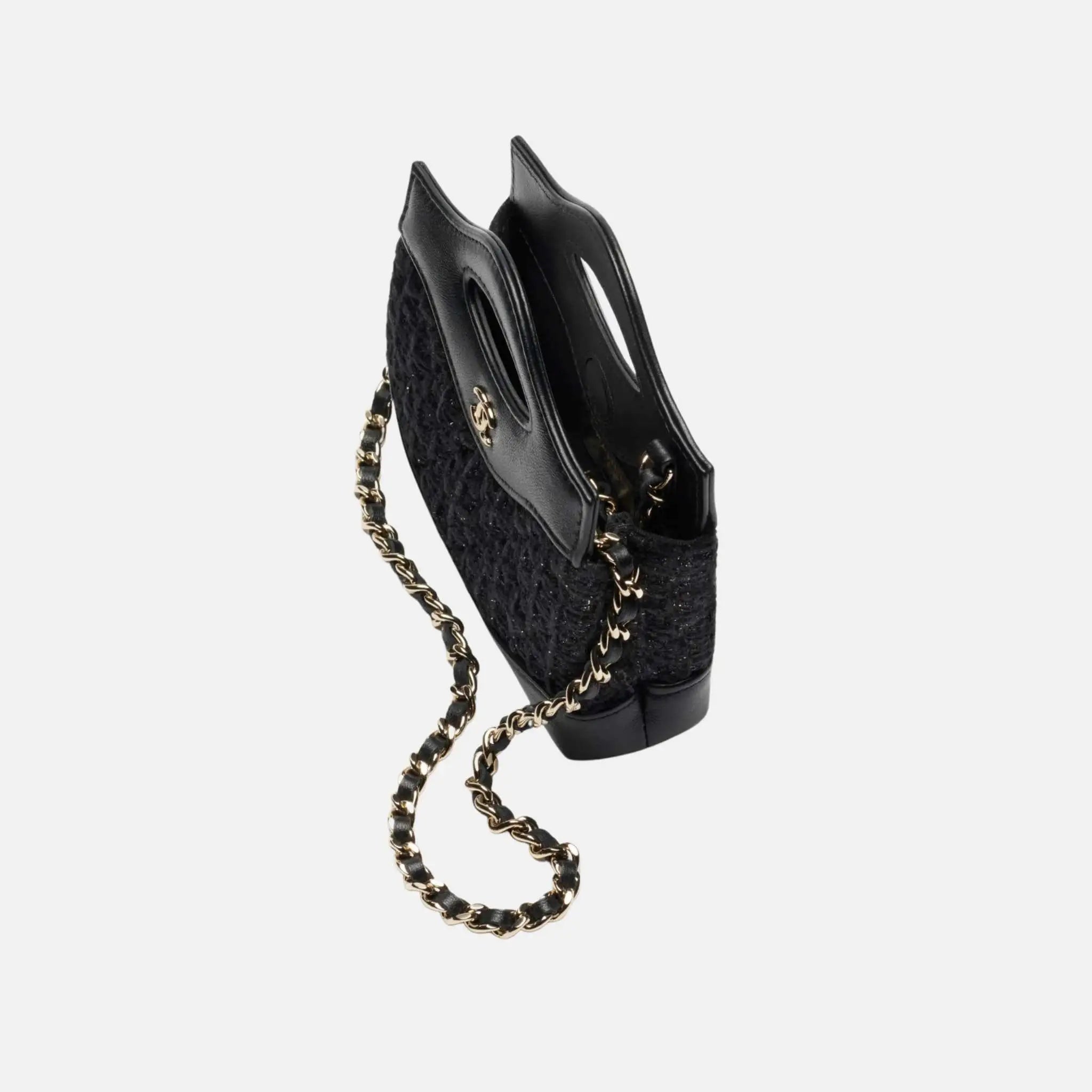 Chanel Clutch With Chain Cotton Tweed Shiny Lambskin Gold Tone Metal, Back