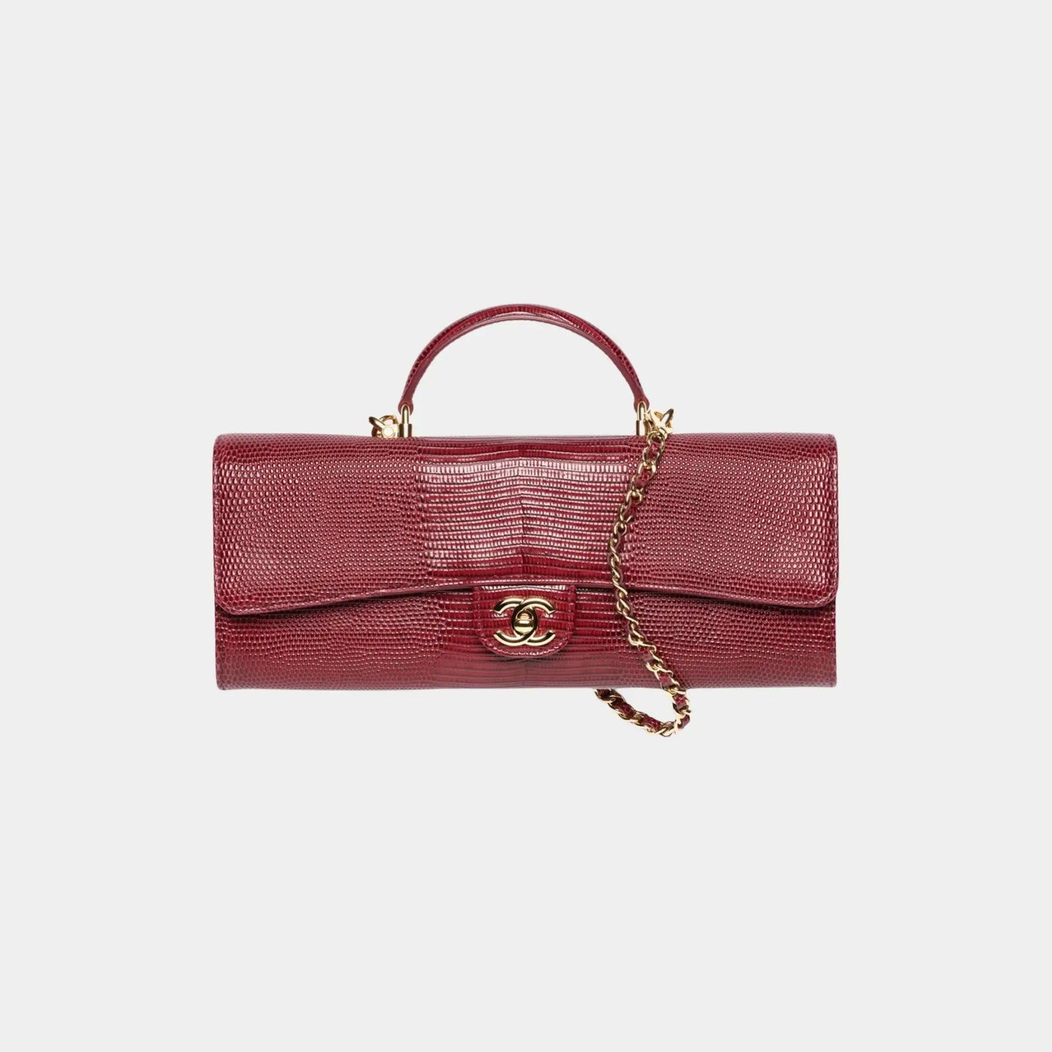 Chanel Clutch with chain in Dark Burgundy Lizard Embossed Calfskin, Front