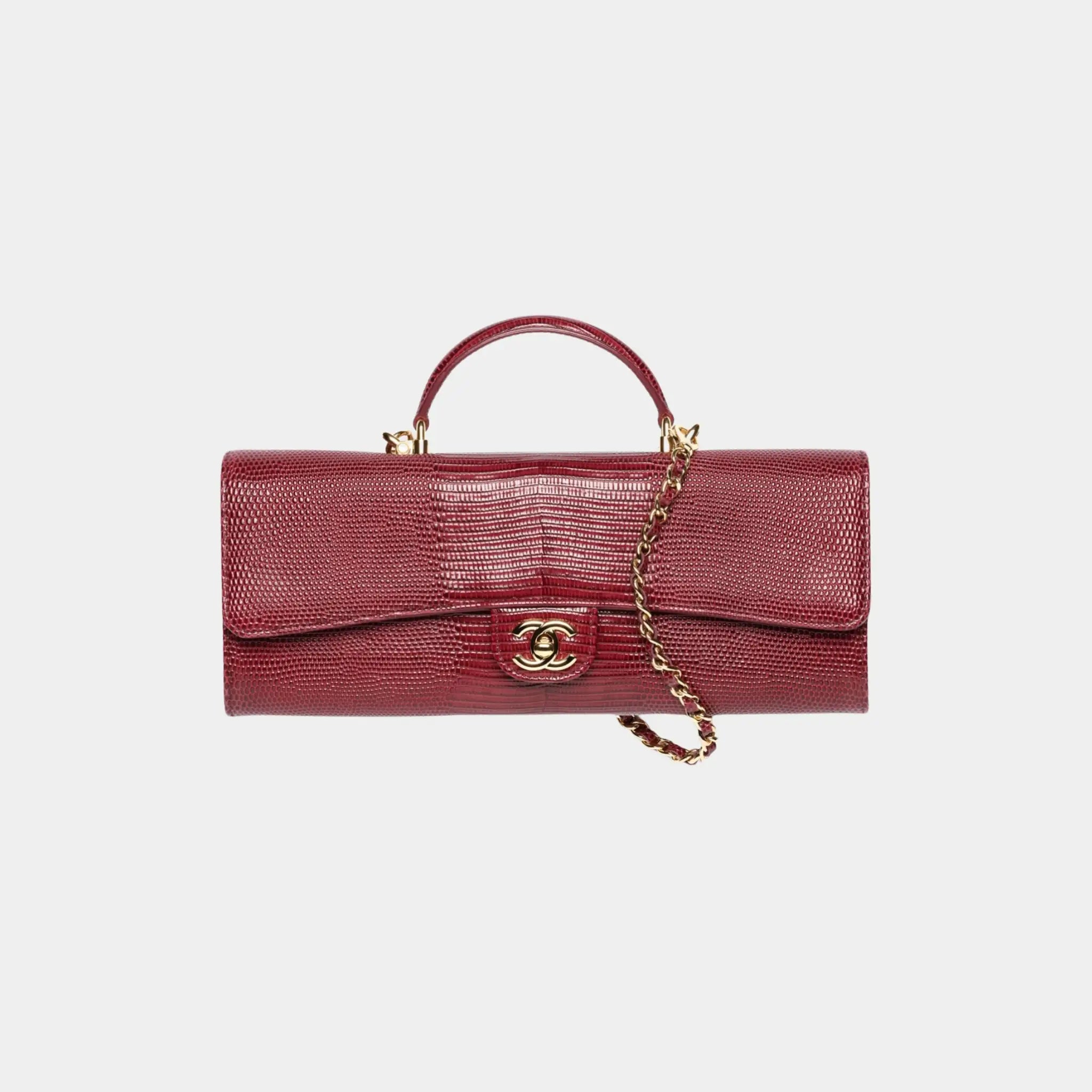 Chanel Clutch with chain in Dark Burgundy Lizard Embossed Calfskin, Front