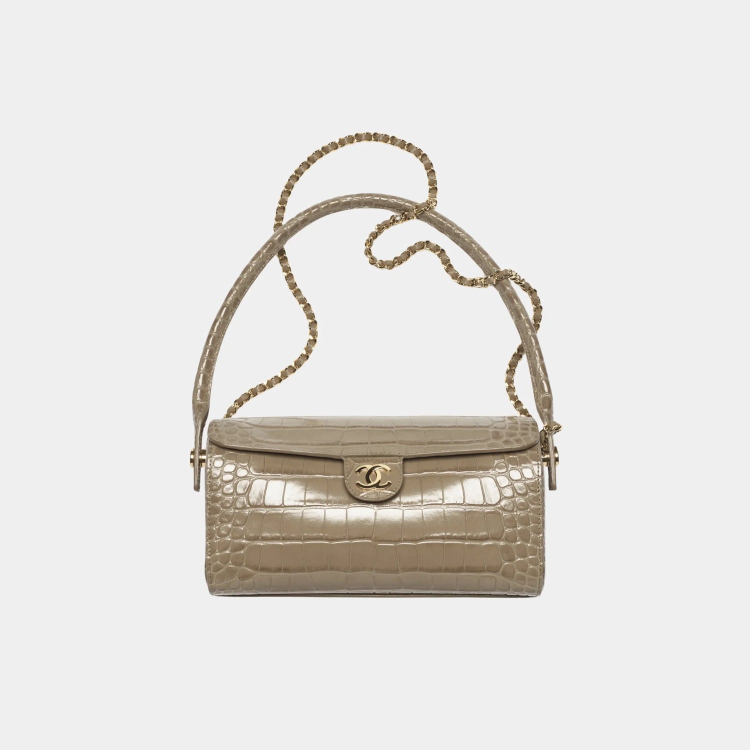Chanel Clutch with chain in Dark Khaki Crocodile Embossed Calfskin, Front
