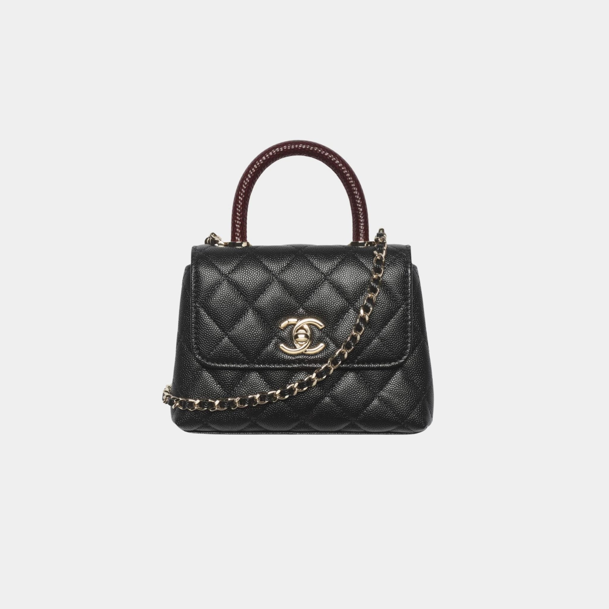 Clutch With Chain Grained Calfskin Lizard Embossed Calfskin &amp; Gold Tone Metal