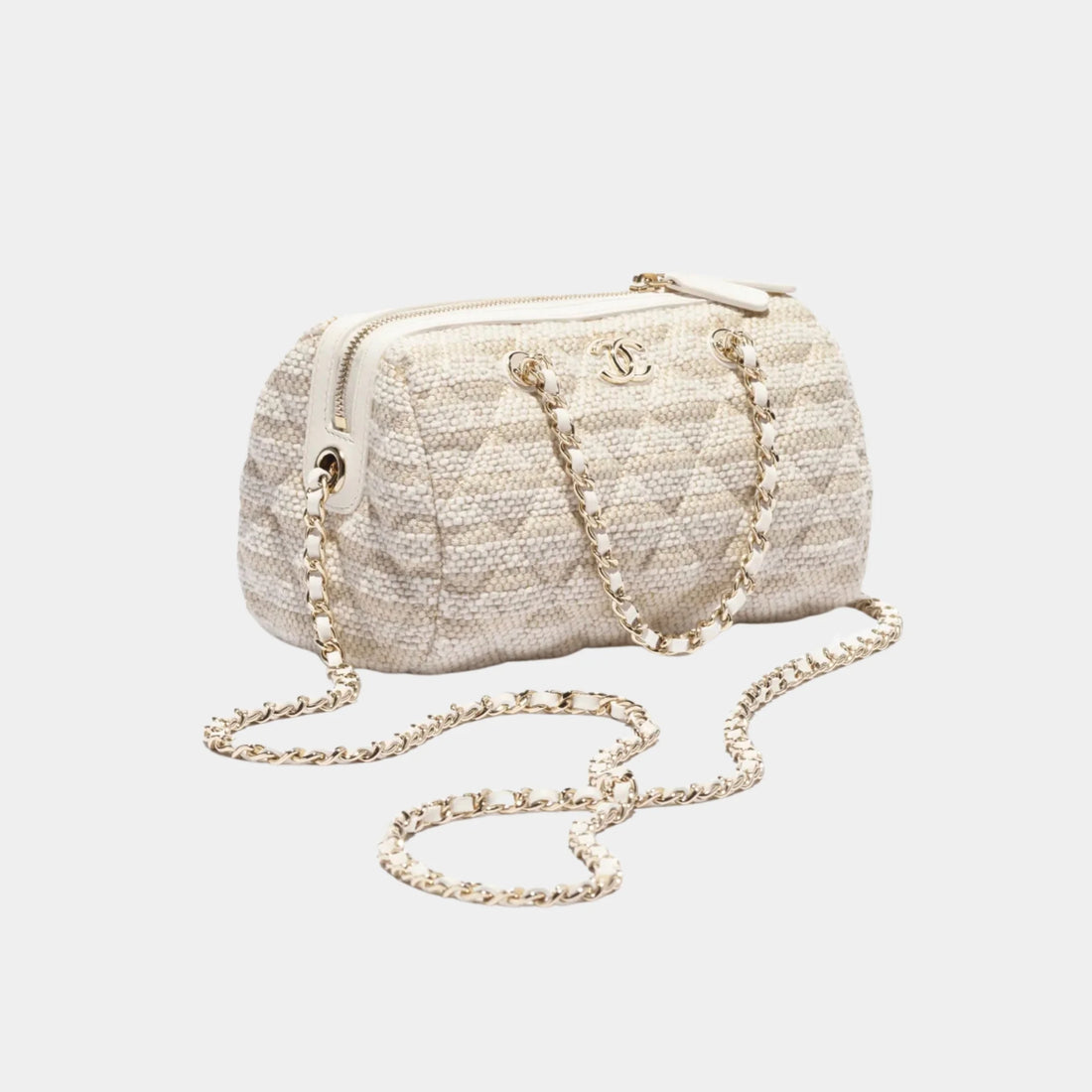 Chanel Clutch With Chain Printed Fabric & Gold Metal, Light Beige, Front