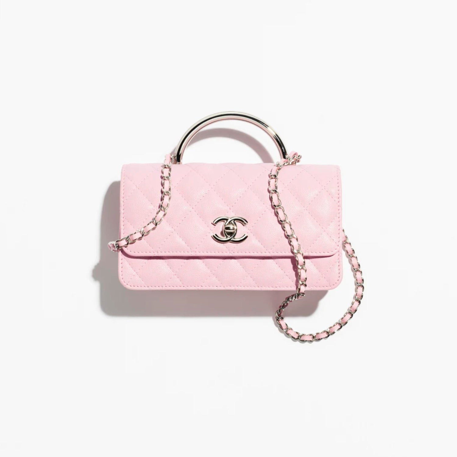 Chanel Clutch with Chain Shiny grained Calsfkin Resin &amp; Silver-Tone Metal, Light Pink, Front