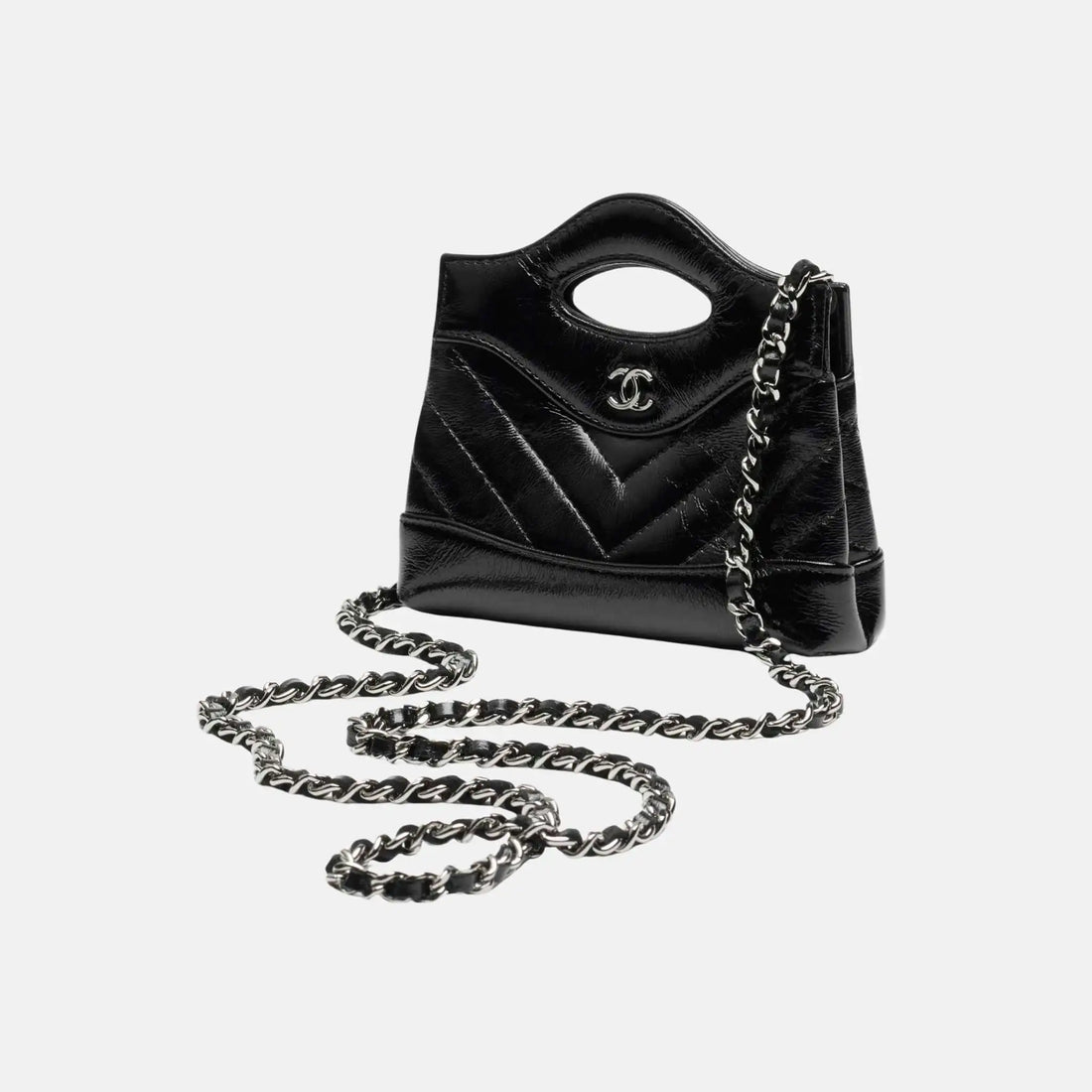 Chanel Clutch With Chain Shiny Lambskin Ruthenium Metal, Front