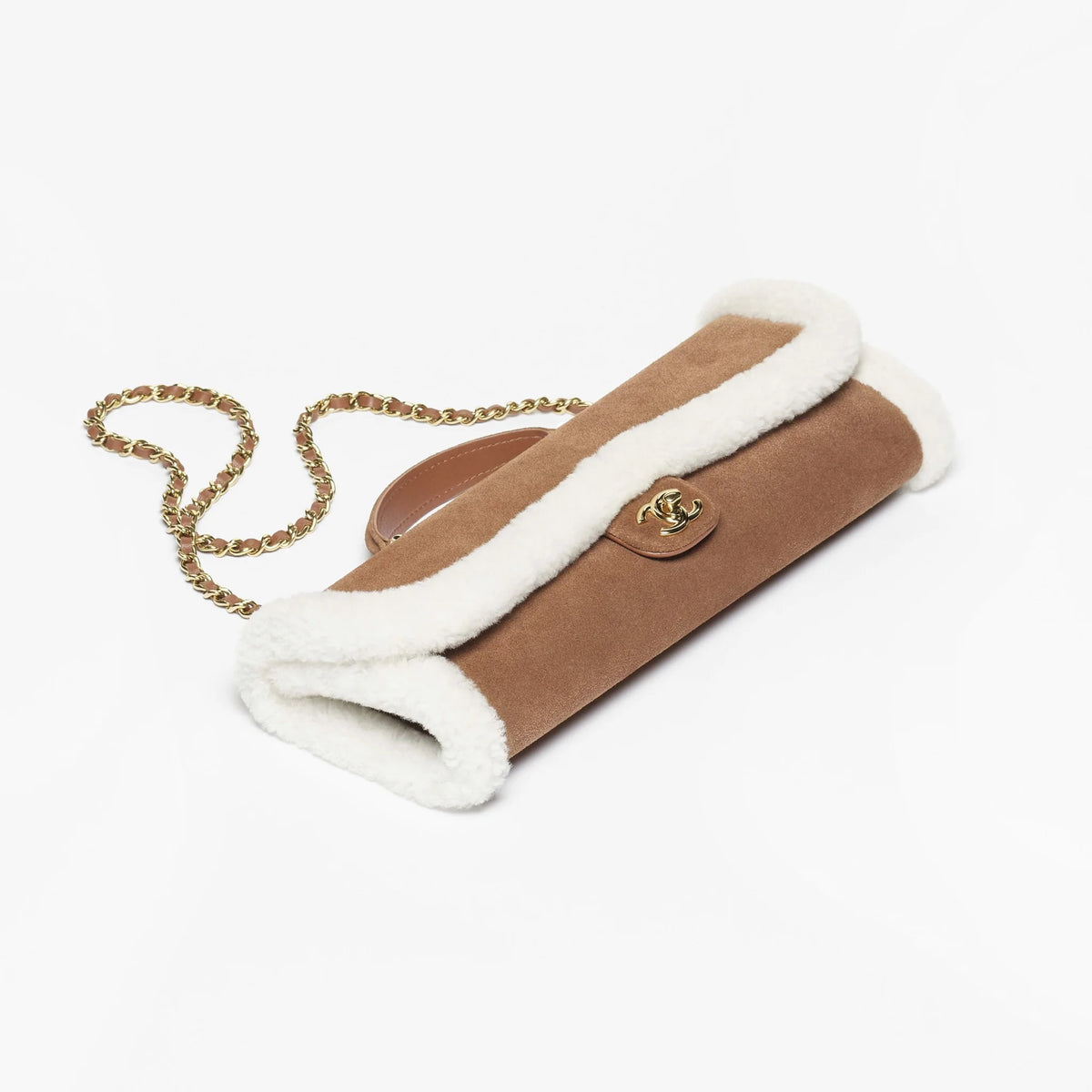 Clutch with Chain Suede Calfskin Shearling Lambskin & Gold-Tone Metal Brown & White