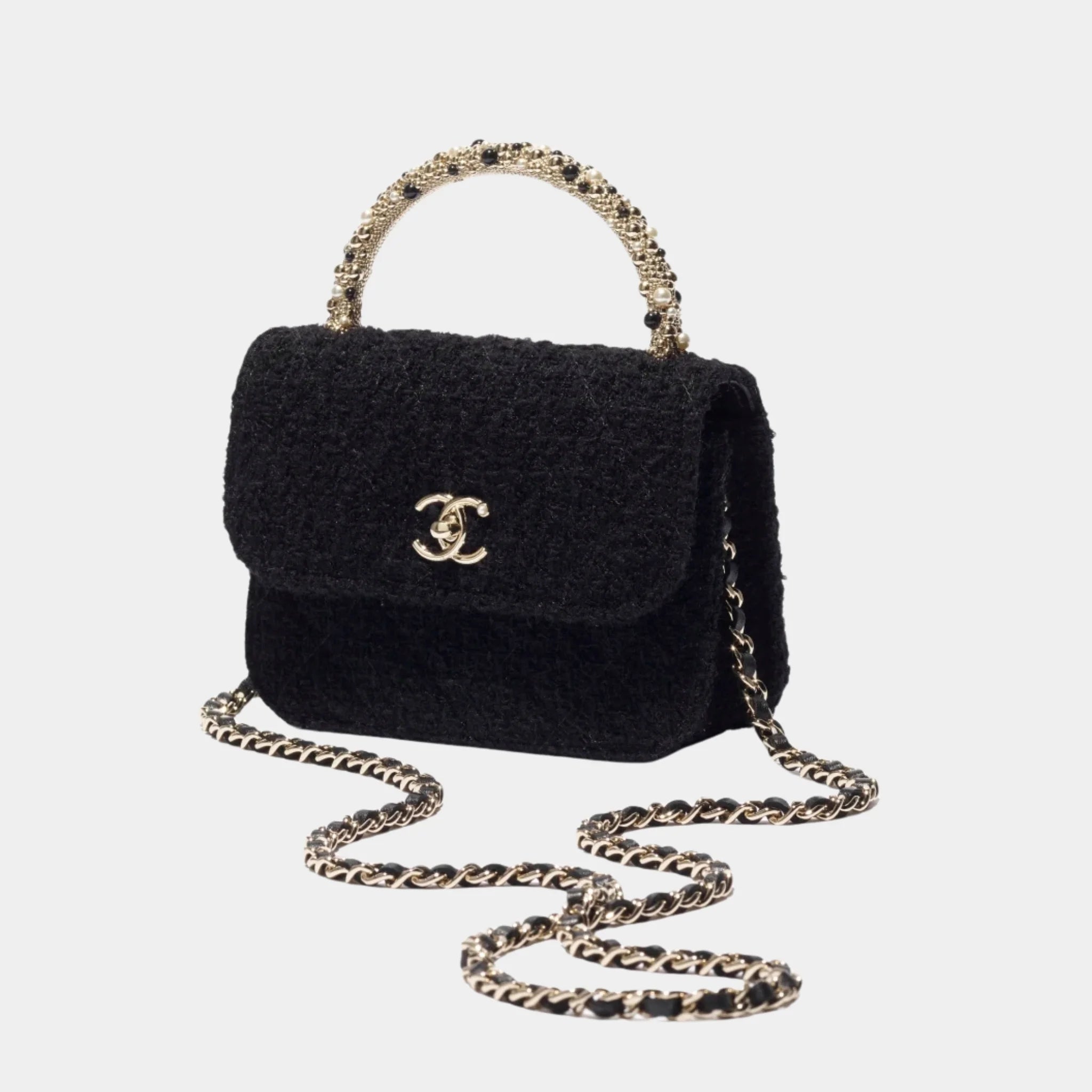 Clutch with Chain Tweed, Pearls &amp; Gold-Tone Metal