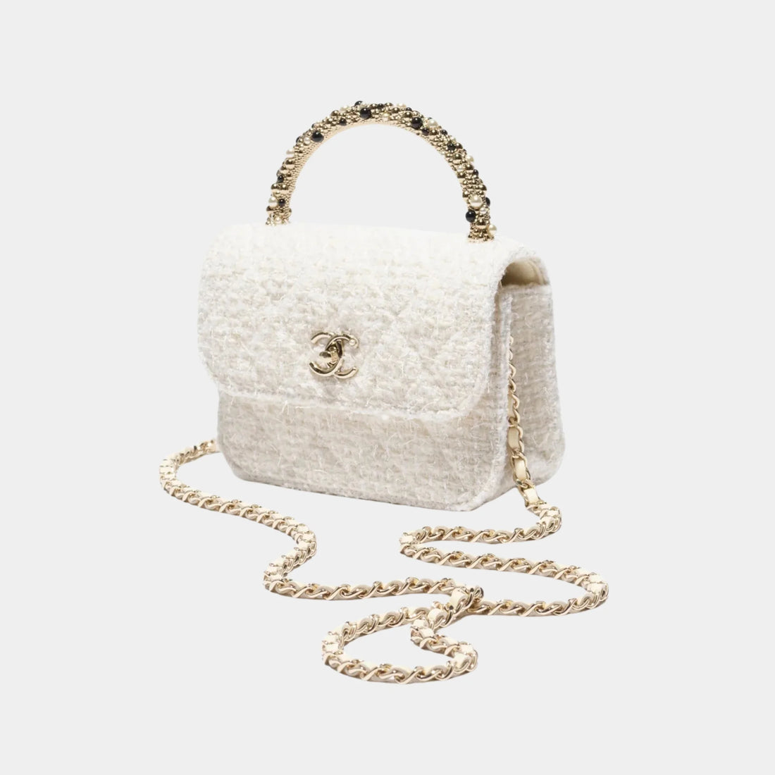 Chanel Clutch with Chain Tweed, Imitation Pearls &amp; Gold-Tone Metal, Ecru and White, Front