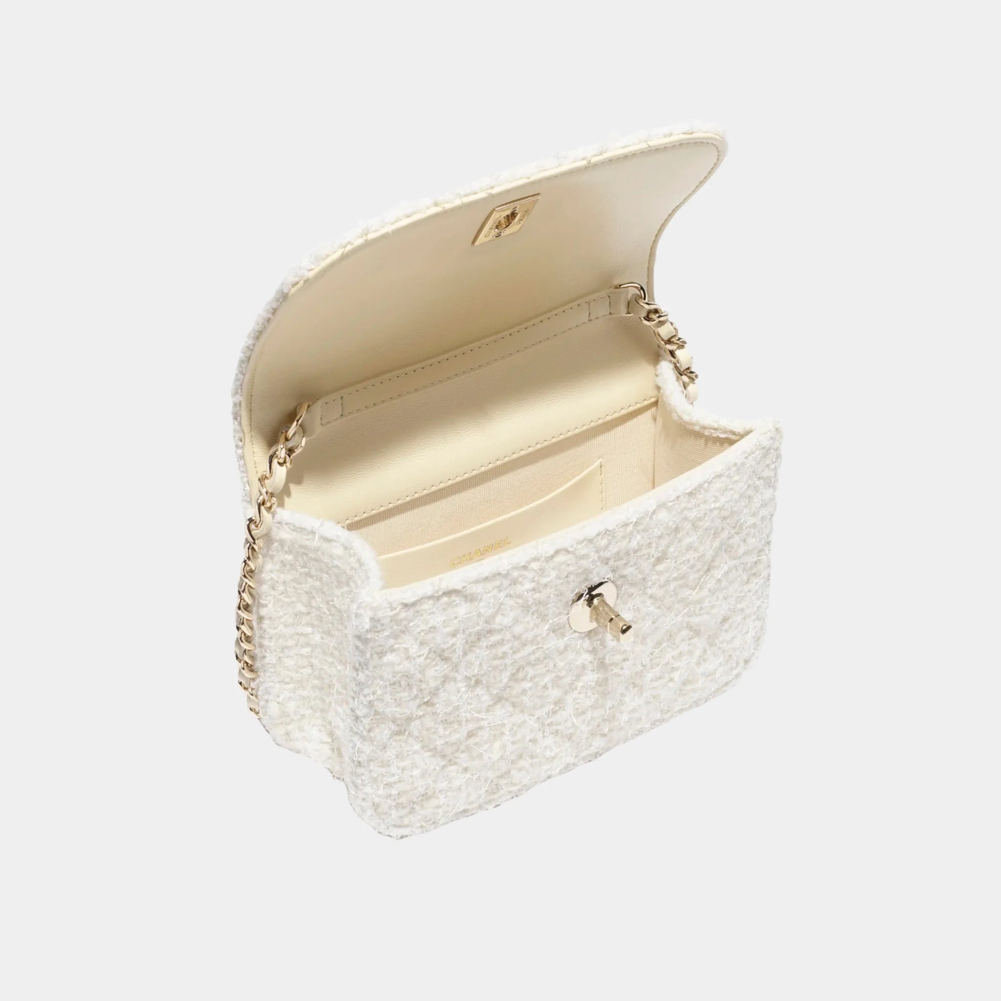 Chanel Clutch with Chain Tweed, Imitation Pearls &amp; Gold-Tone Metal, Ecru and White, Top