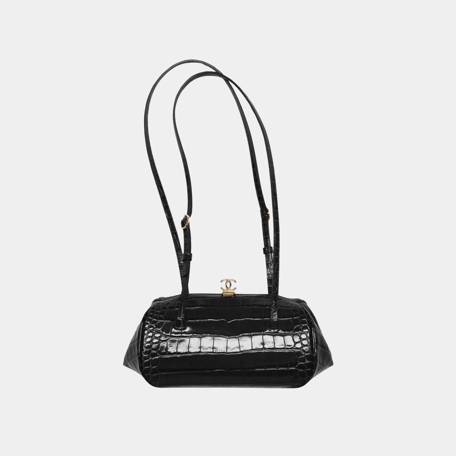 Chanel Clutch with Leather Strap in Black Crocodile Embossed Calfskin, Front
