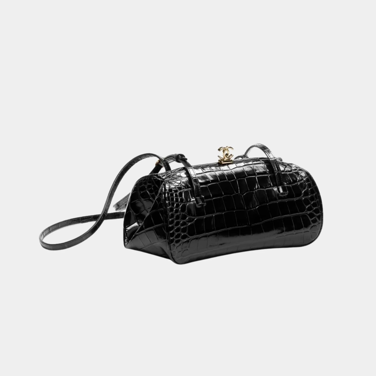 Chanel Clutch with Leather Strap in Black Crocodile Embossed Calfskin, Side