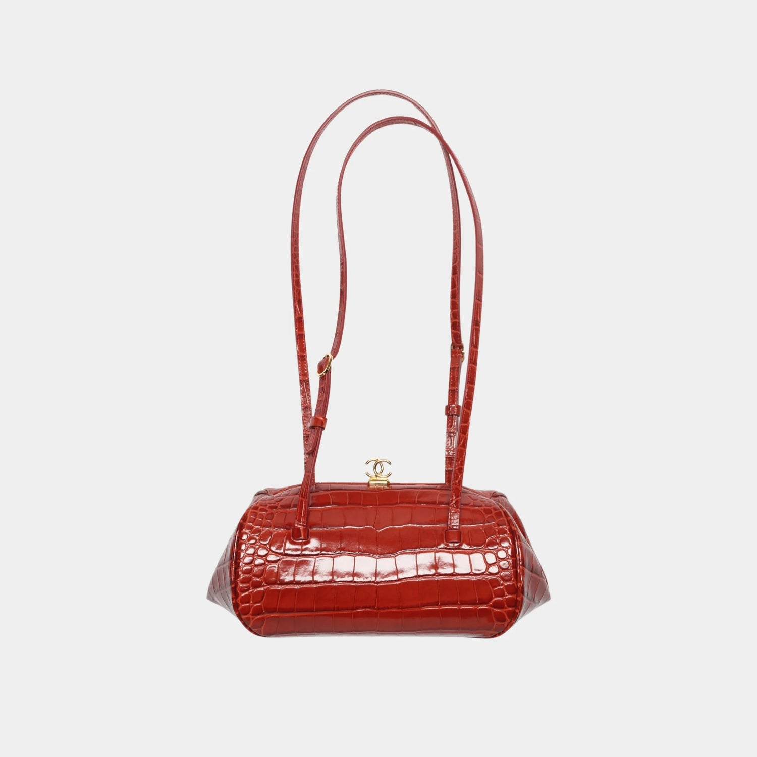 Chanel Clutch with Leather Strap in Crocodile Embossed Calfskin, Burgundy, Front