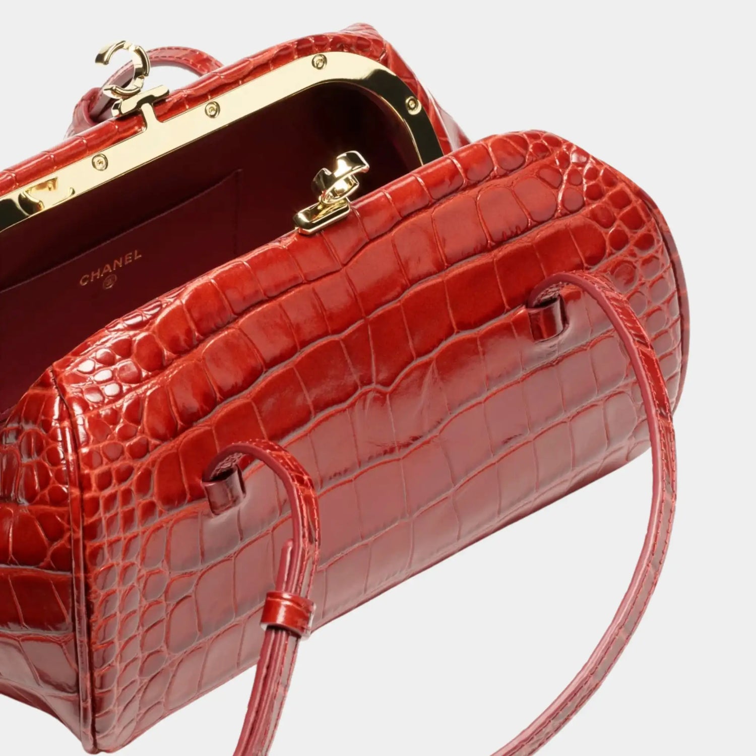 Chanel Clutch with Leather Strap in Crocodile Embossed Calfskin, Burgundy, Top