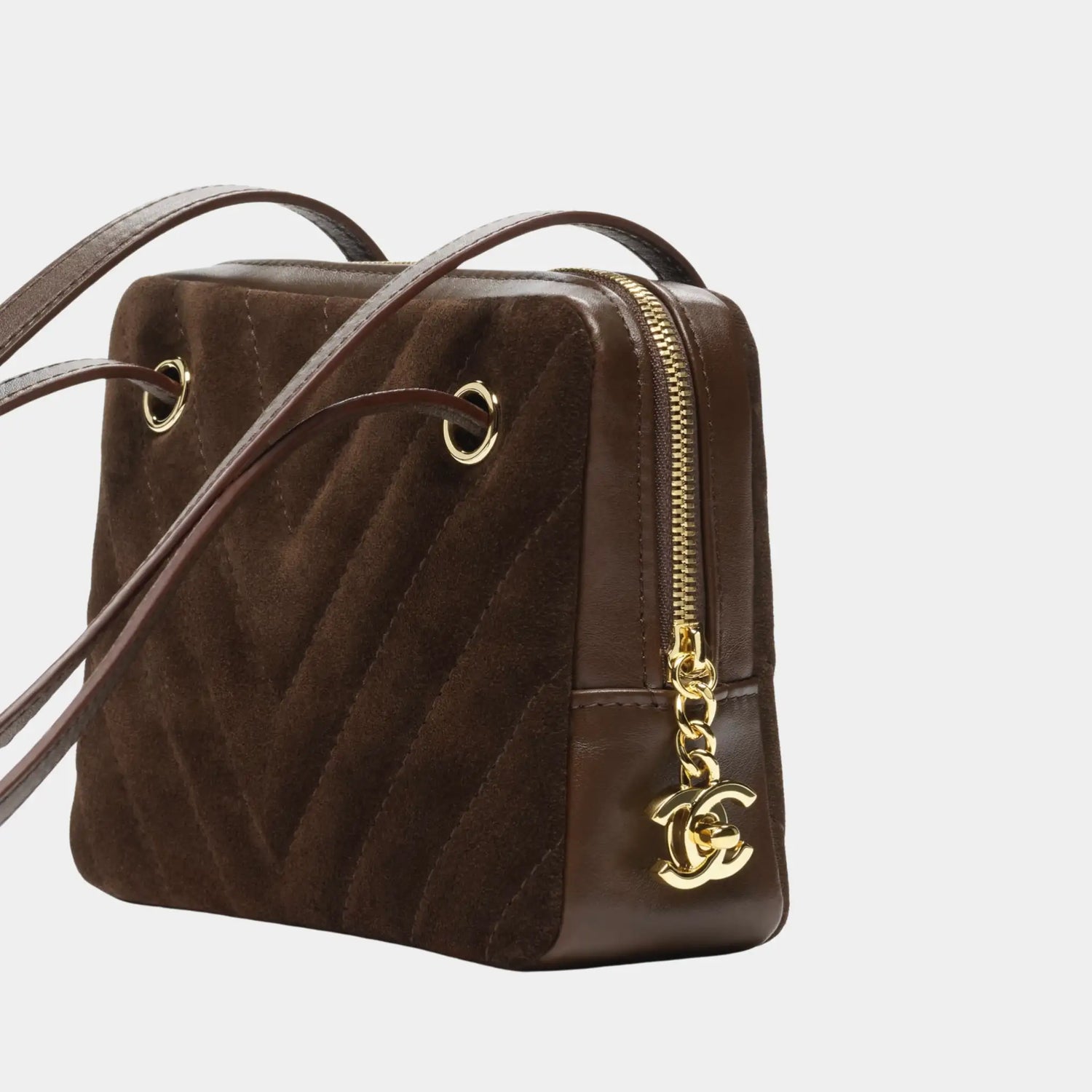 Clutch with Leather Strap Dark Brown Suede Calfskin &amp; Lambskin