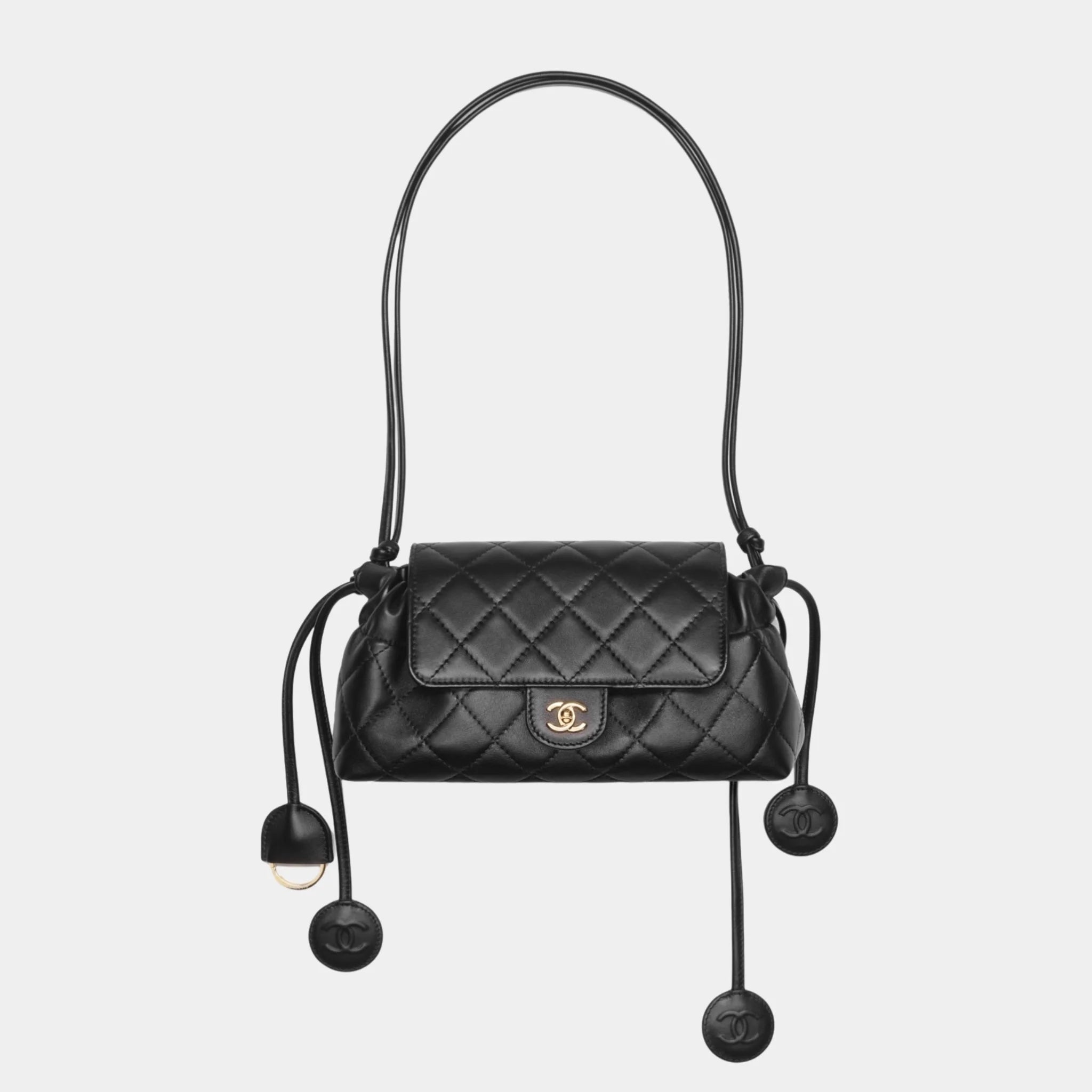 Chanel Clutch with Leather Strap in Black Lambskin, Front
