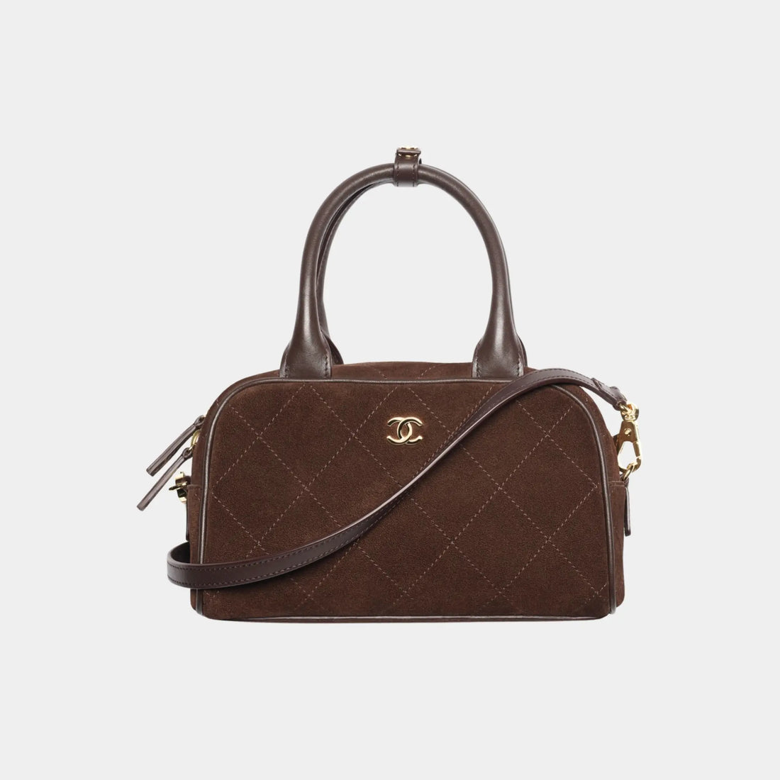 Chanel Clutch with Leather Strap in Dark Brown Suede &amp; Calfskin, Front