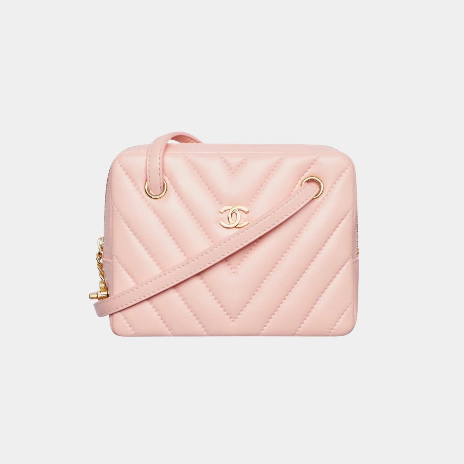 Chanel Clutch with Leather Strap in Lambskin, Pink, Front