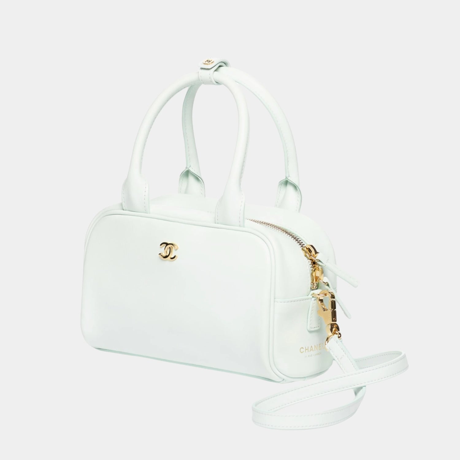Chanel Clutch with Leather Strap Light blue Calfskin &amp; Gold-Tone Metal, Side