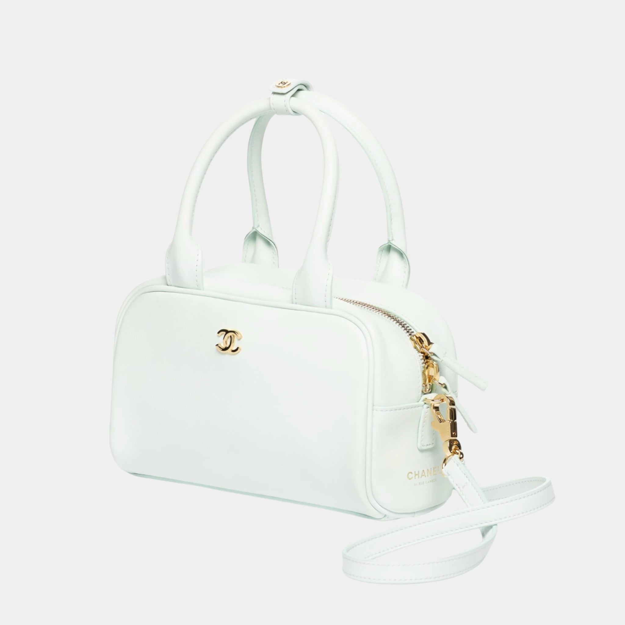 Chanel Clutch with Leather Strap Light blue Calfskin &amp; Gold-Tone Metal, Side