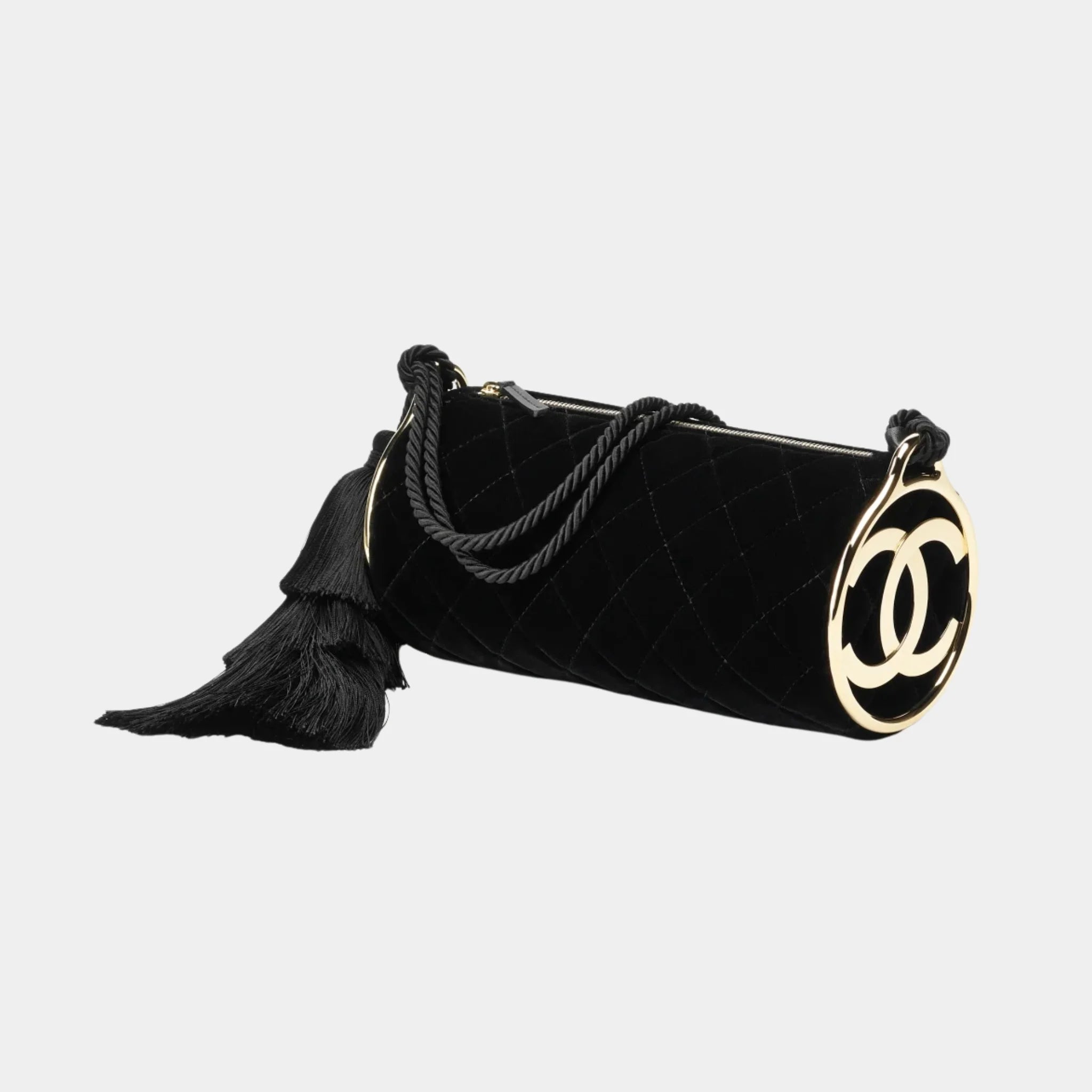 Chanel Clutch with Strap in Black Velvet &amp; Gold Metal, Front, Side
