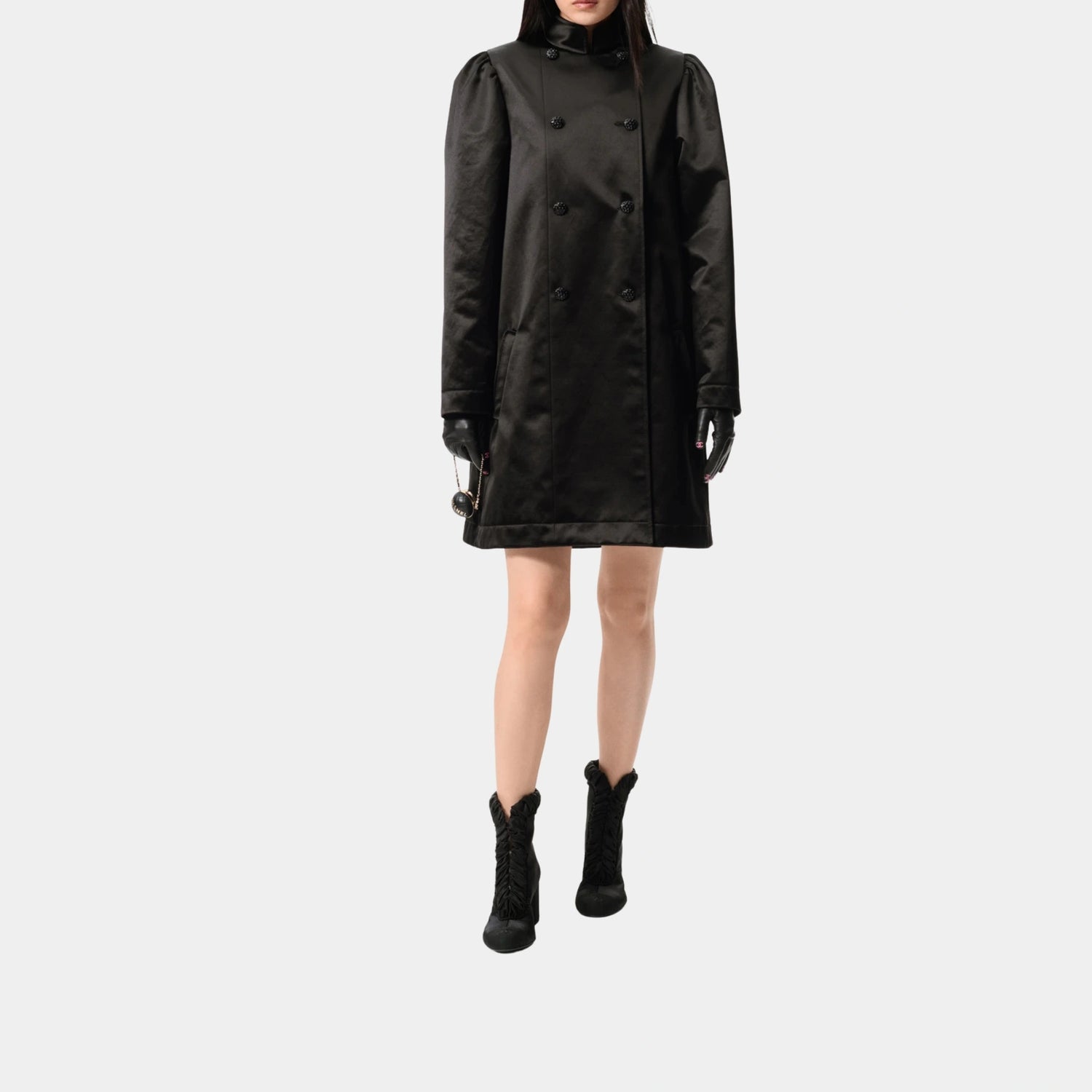 Chanel Coat in Black Cotton &amp; Silk Satin, Black, Front