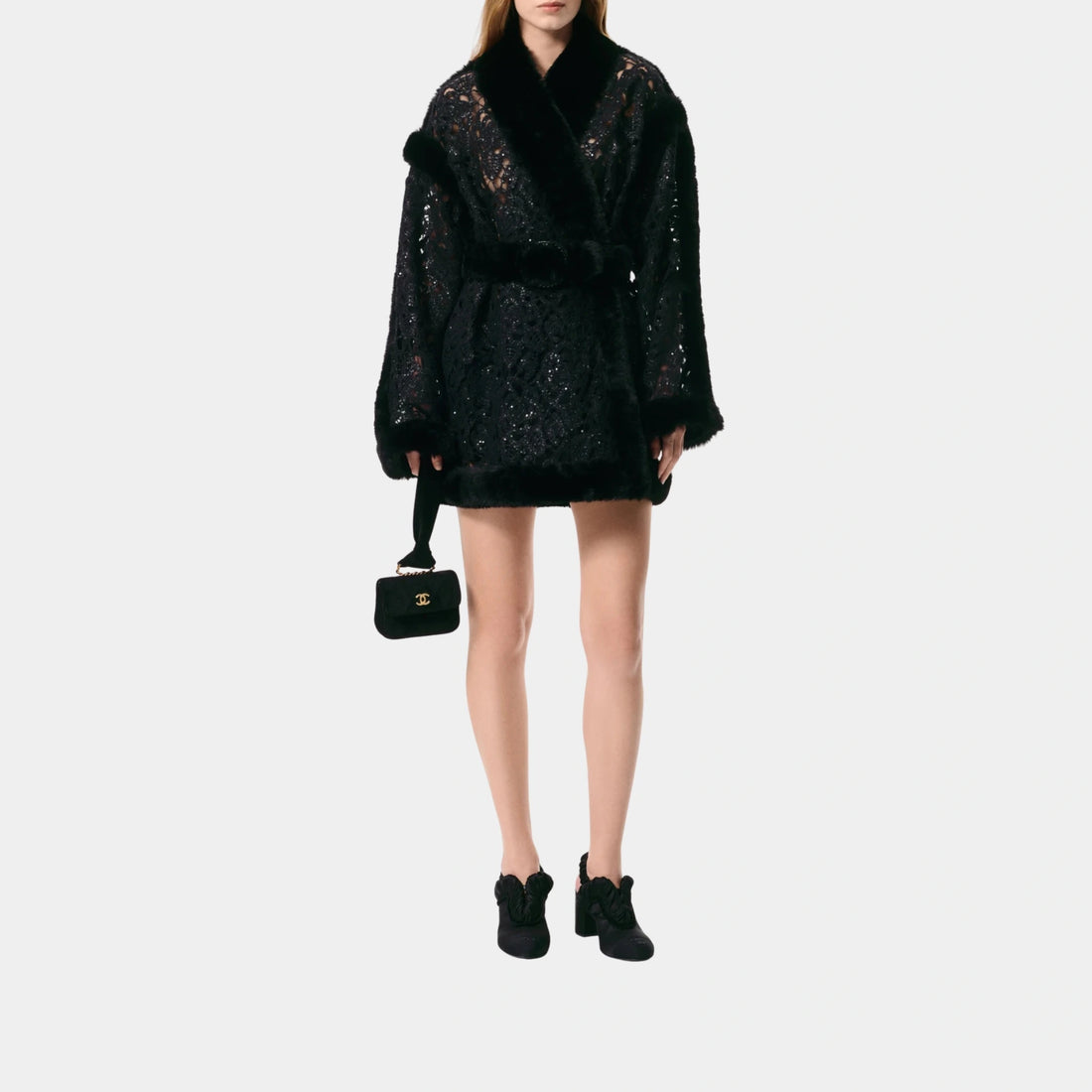 Chanel Coat in Crocheted Guipure Embroidered with Sequins, Black, Front