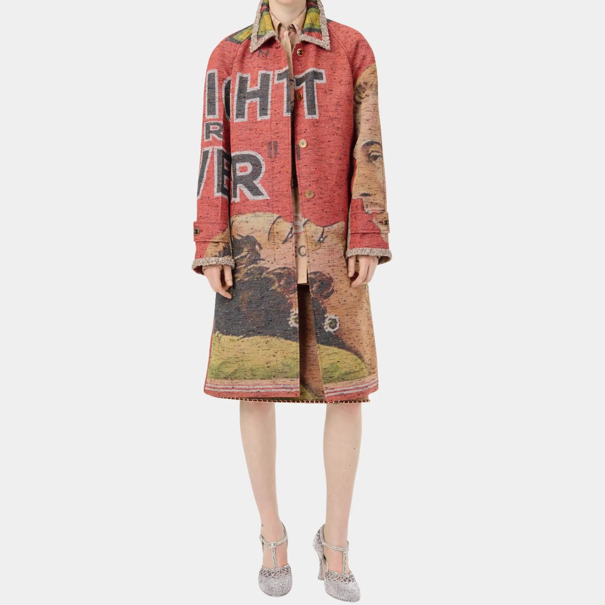 Chanel Coat Mixed Fibres in Red &amp; Multicolor, Red, Multicolor, Front