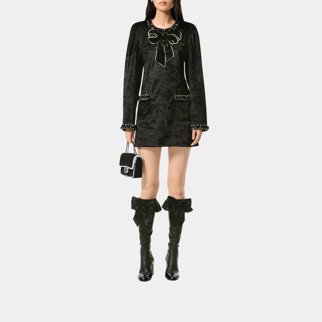 Chanel Cotton Velvet Short Dress Embroidered with Imitation Pearls, Black, Front