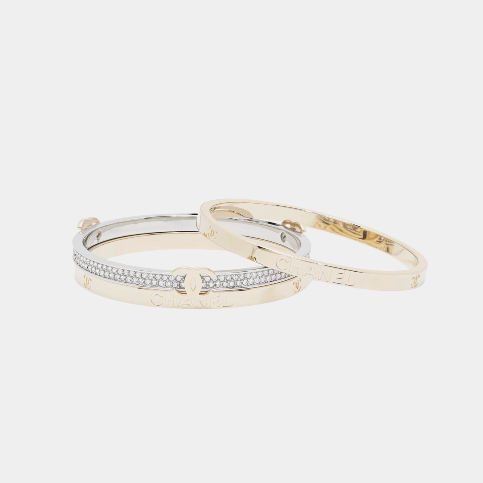 Chanel Cuff Bracelet in Gold and Silver Metal with Crystal, Front