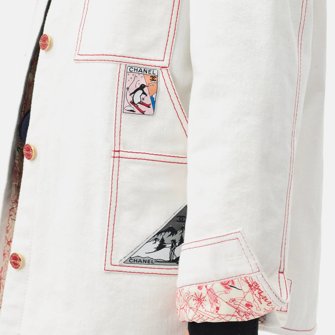 Chanel Denim Jacket in White and Red, Coco Neige 2026, close up detail