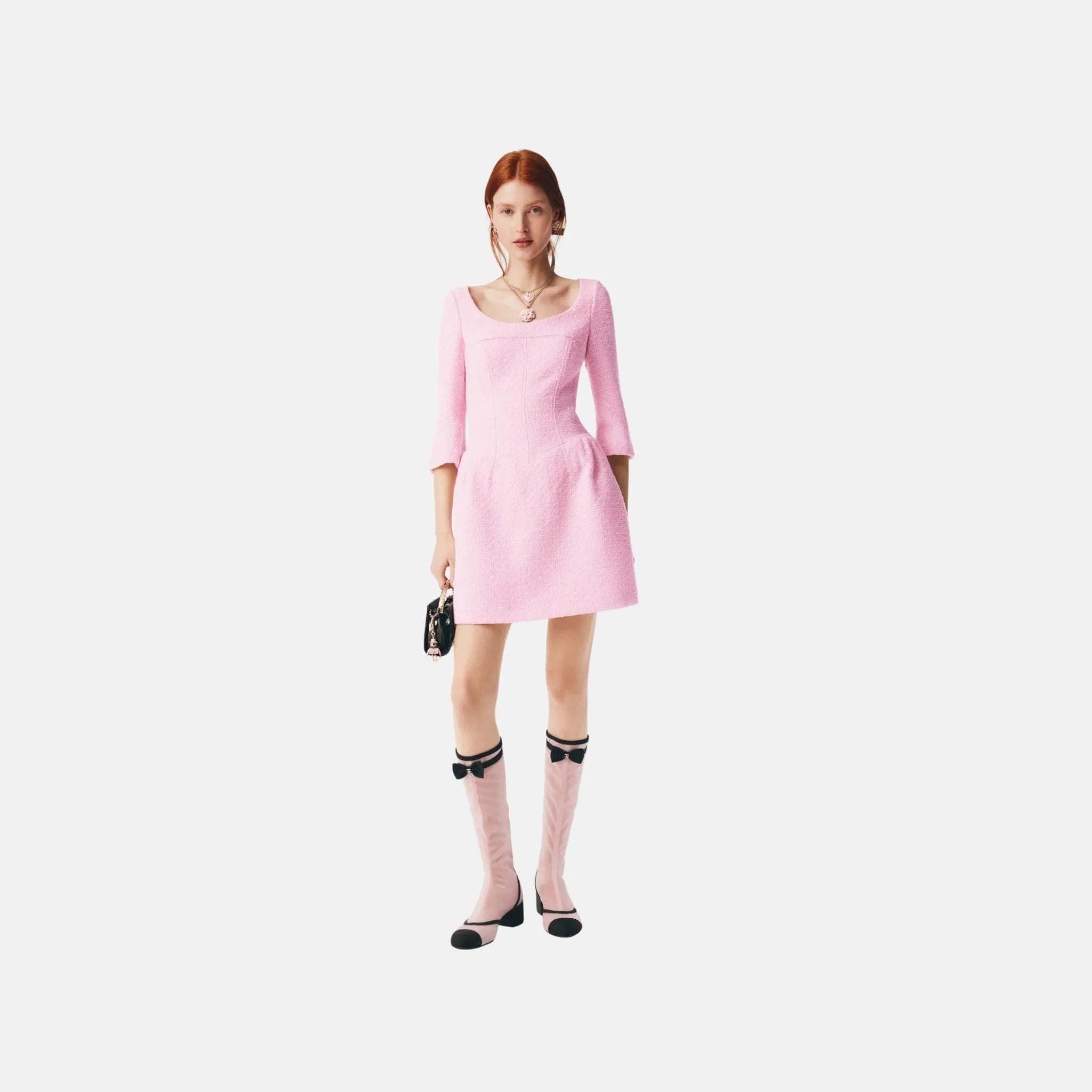 Chanel Dress in Pink and Ecru Wool Tweed, Front