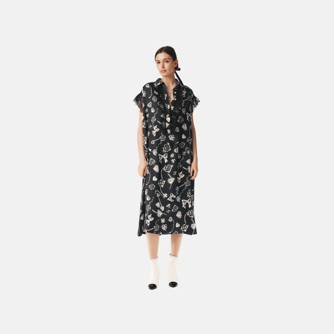 Chanel Dress in Printed Silk Satin and Lace, Front