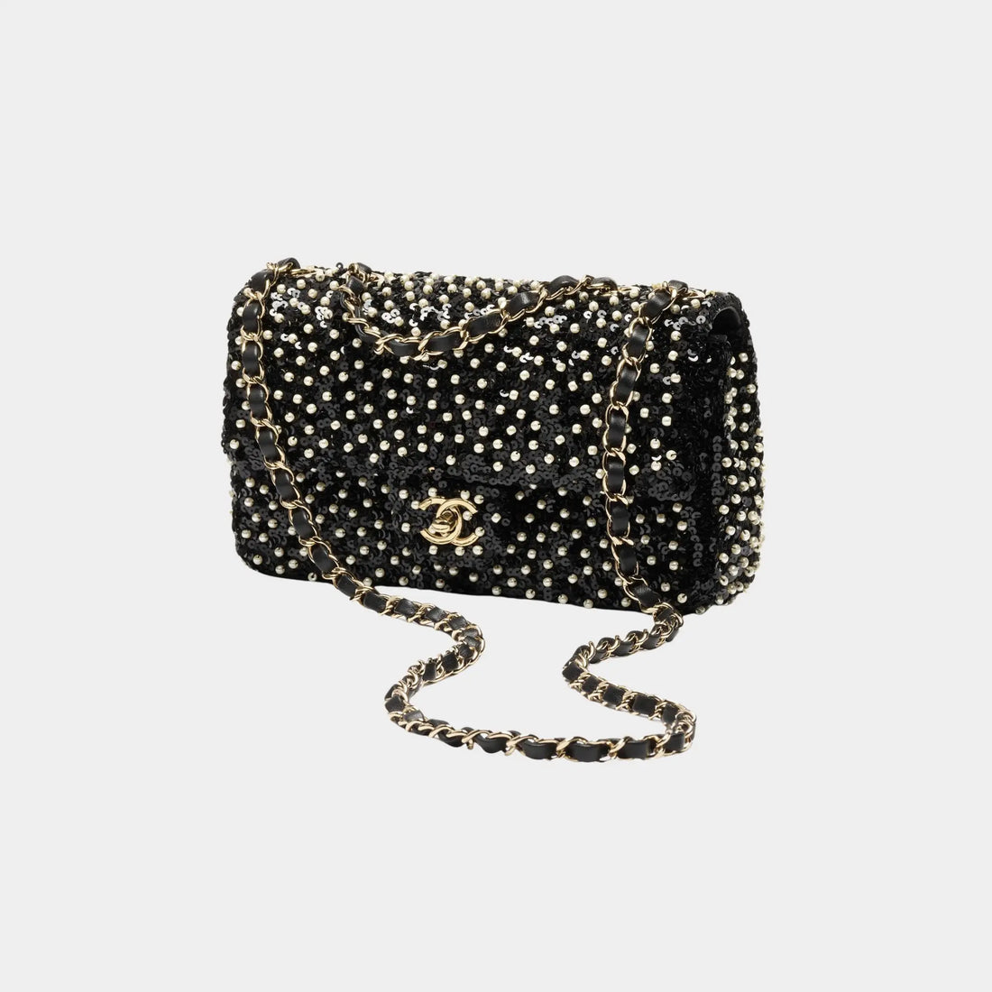 Chanel Classic Mini Bag With Handle Lambskin Rhinestones & Gold Black, Front