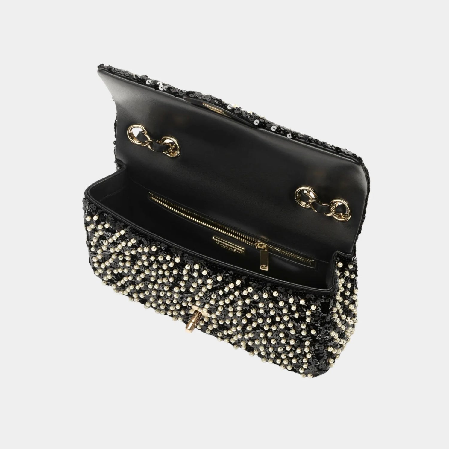 Chanel Classic Mini Bag With Handle Lambskin Rhinestones &amp; Gold Black, interoir