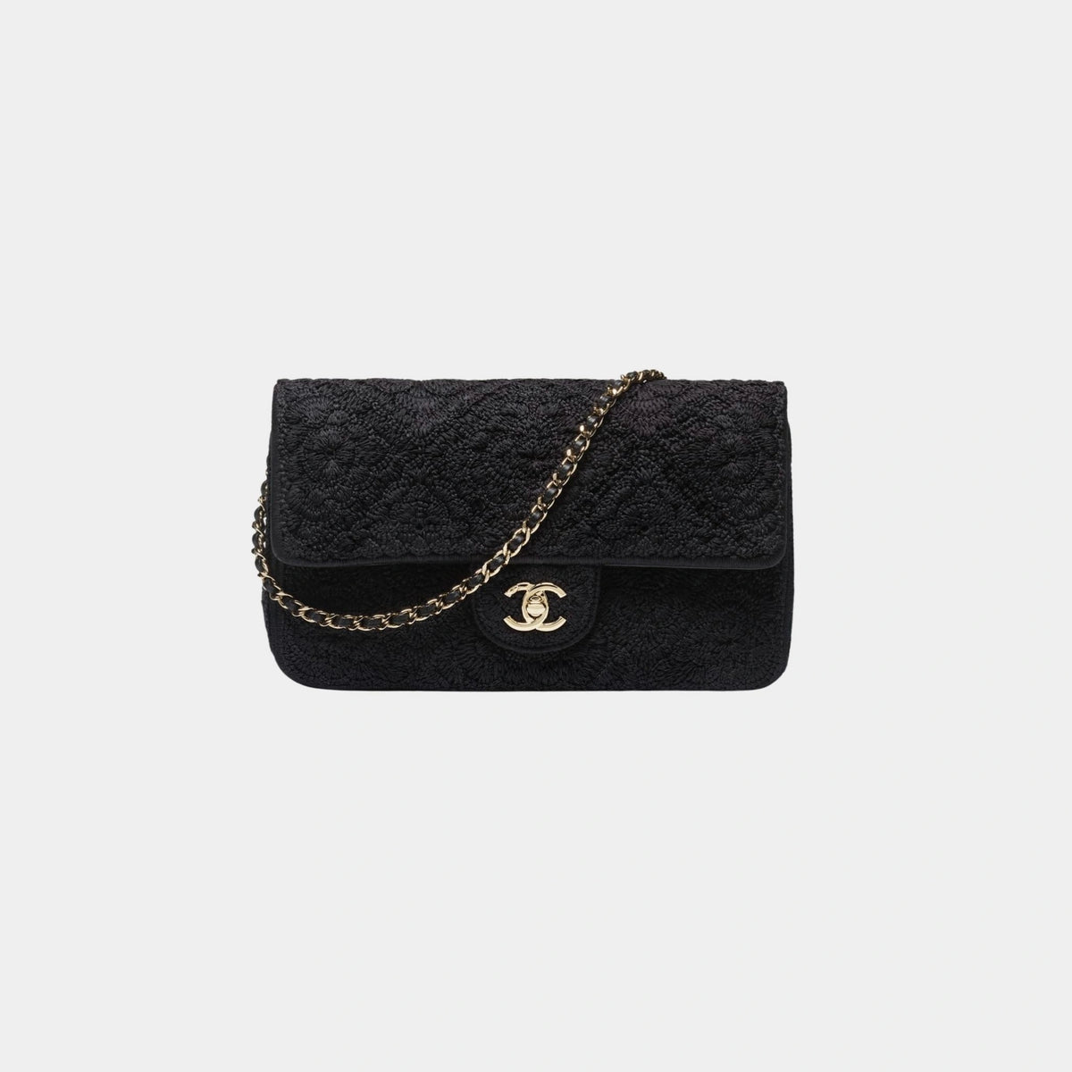 Flap Bag Crochet Effect Weaving & Gold Tone Metal Black