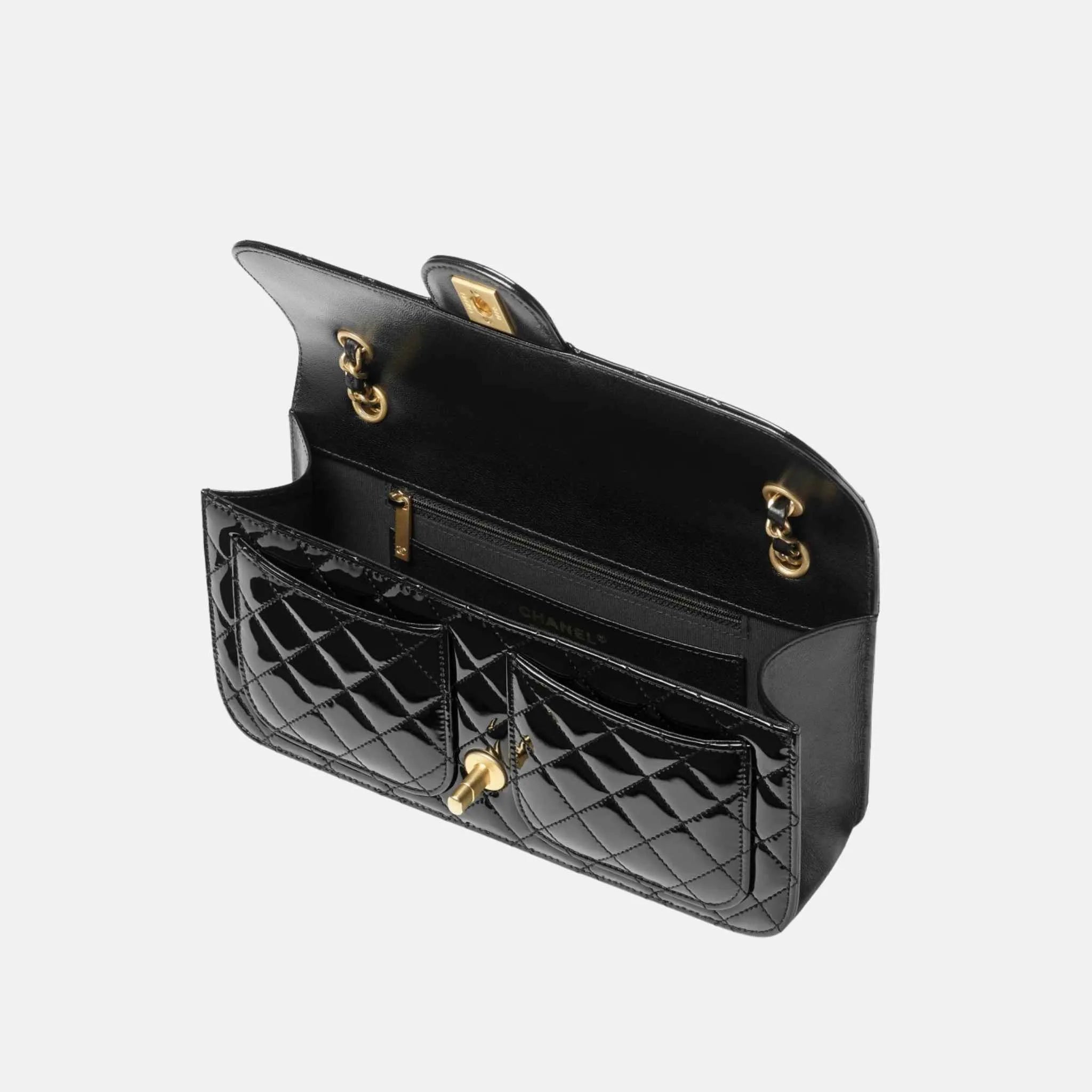 Chanel Flap Bag in Patent Calfskin and Gold Metal, Inside