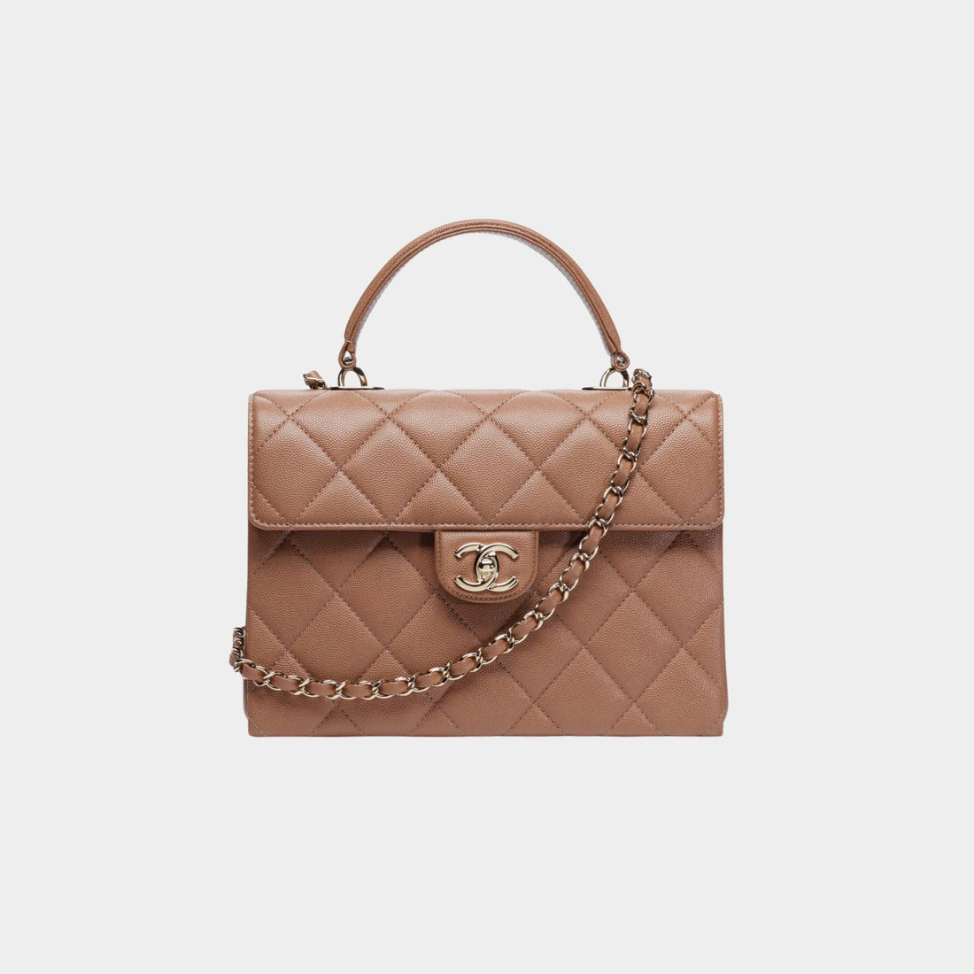 Chanel Flap Bag With Top Handle Grained Shiny Calfskin & Gold Metal Brown, Front