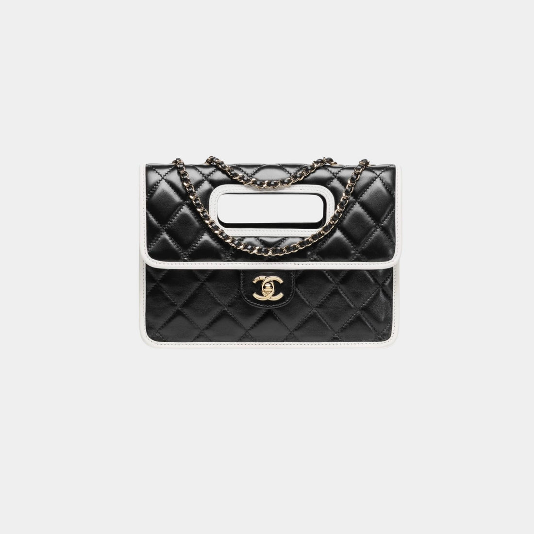 Flap Bag With Top handle Shiny Lambskin & Gold tone Metal Black & White, Front