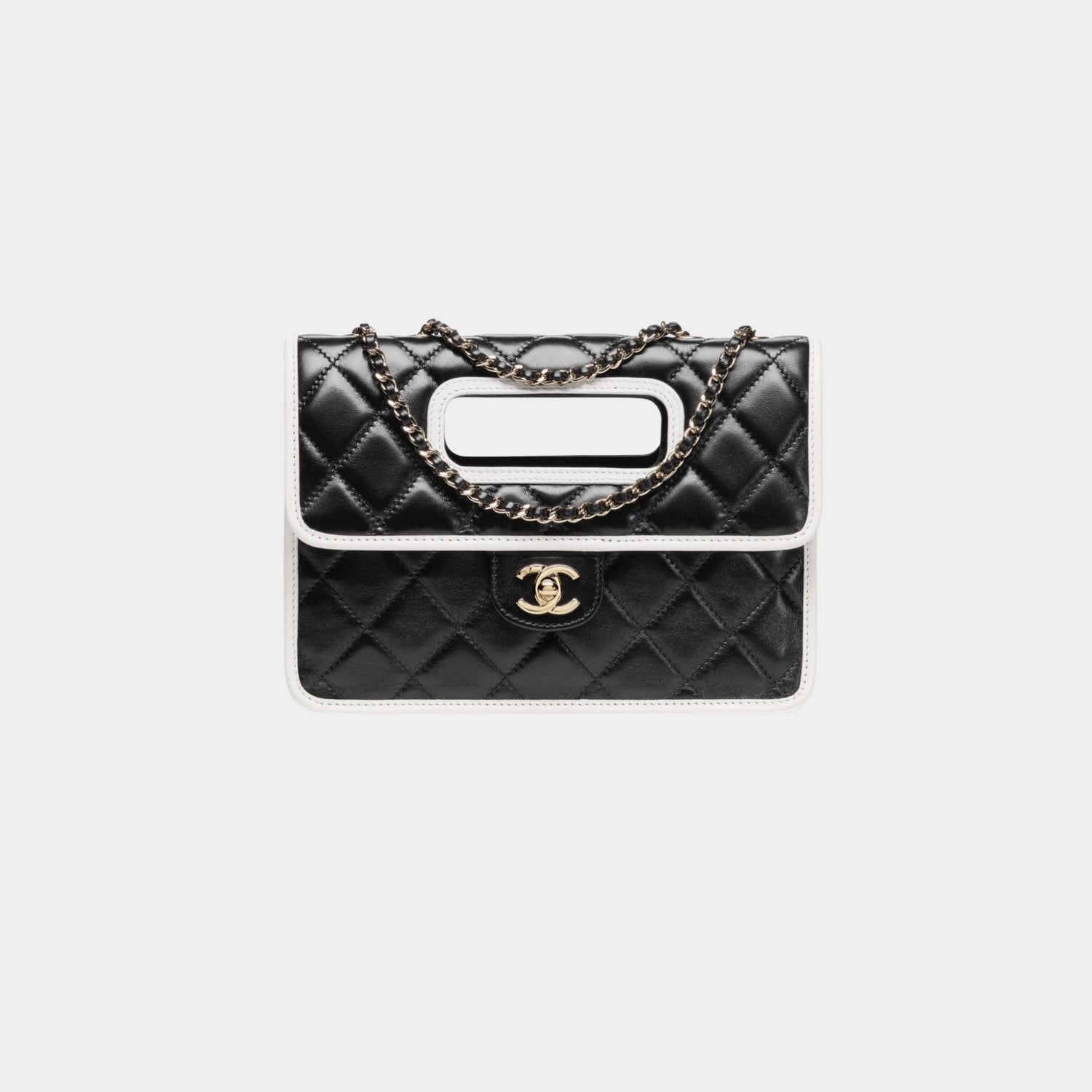 Flap Bag With Top handle Shiny Lambskin &amp; Gold tone Metal Black &amp; White, Front 