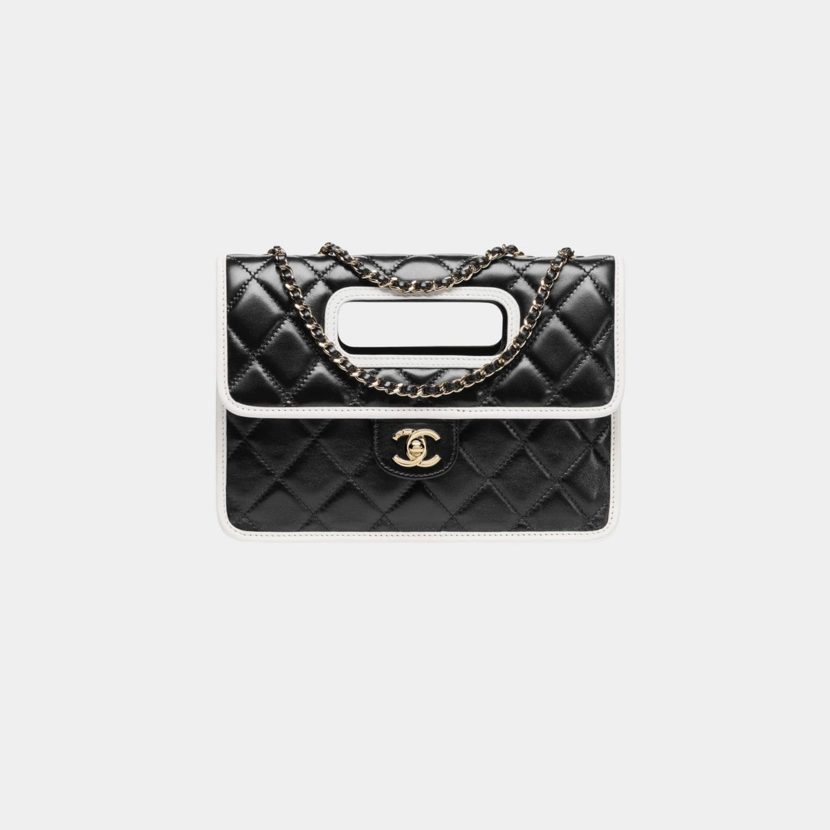 Flap Bag With Top Handle Shiny Lambskin & Gold tone Metal Black & White