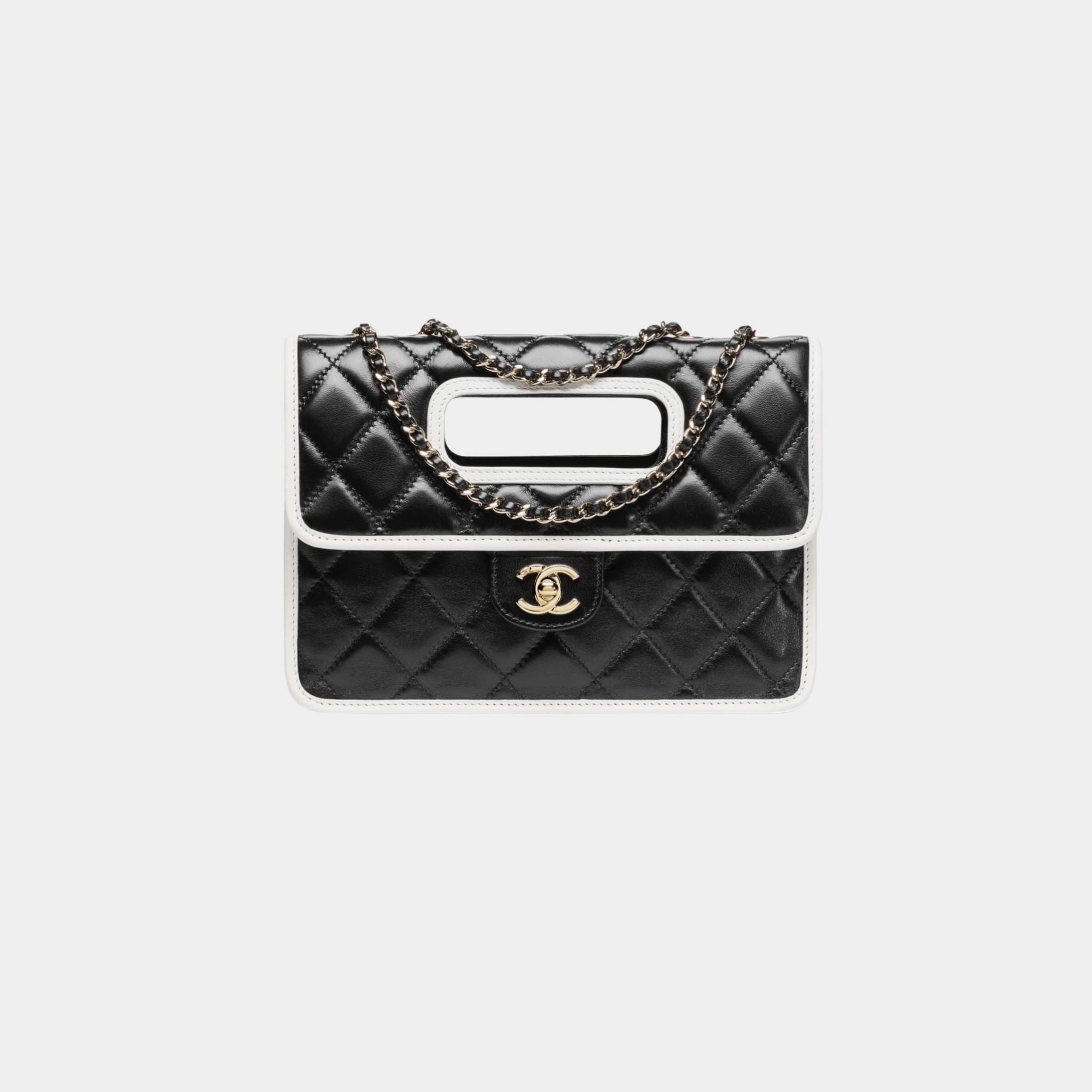 Flap Bag With Top handle Shiny Lambskin &amp; Gold tone Metal Black &amp; White, Front 