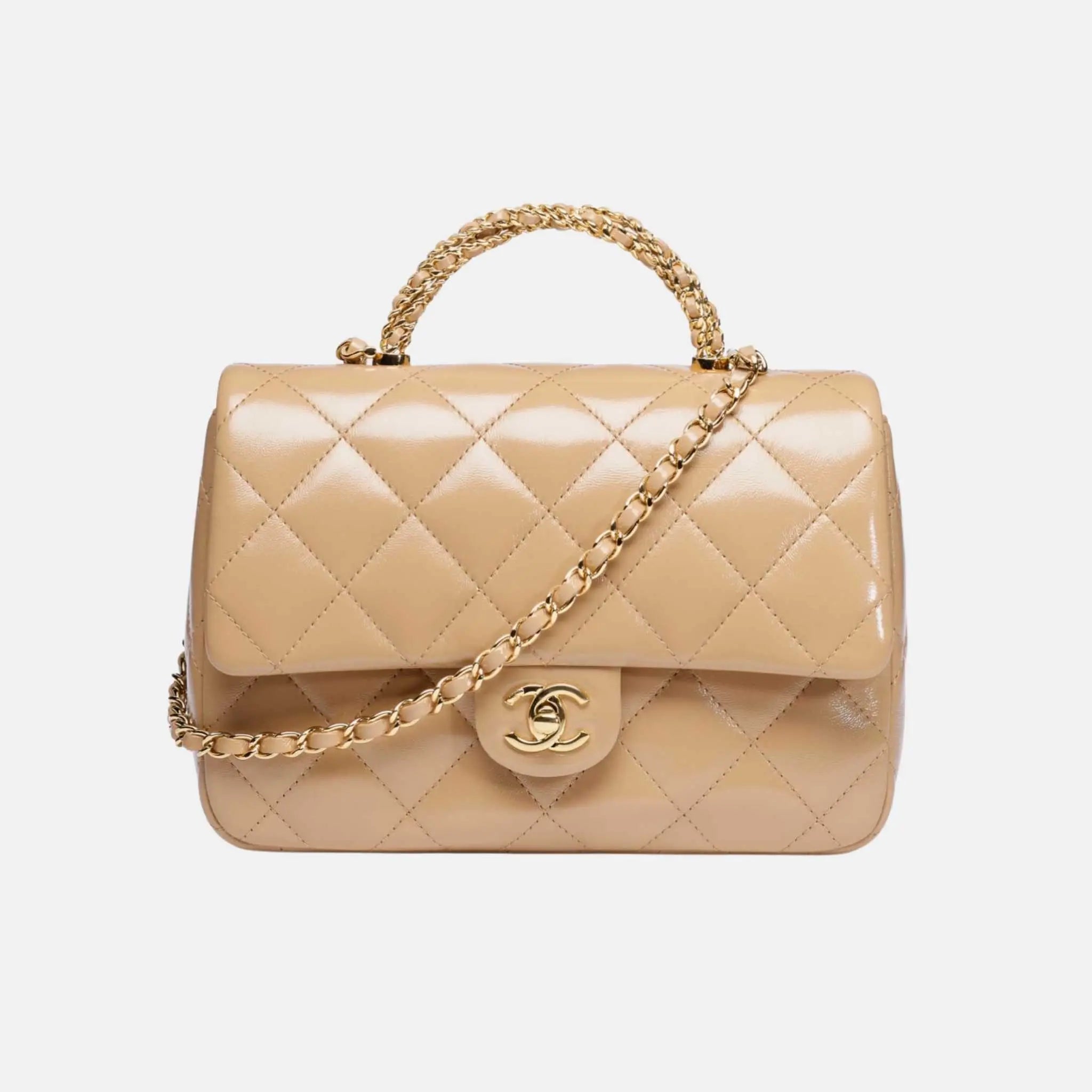 Chanel Flap Bag with Top Handle in Shiny Lambskin and Gold Tone Metal