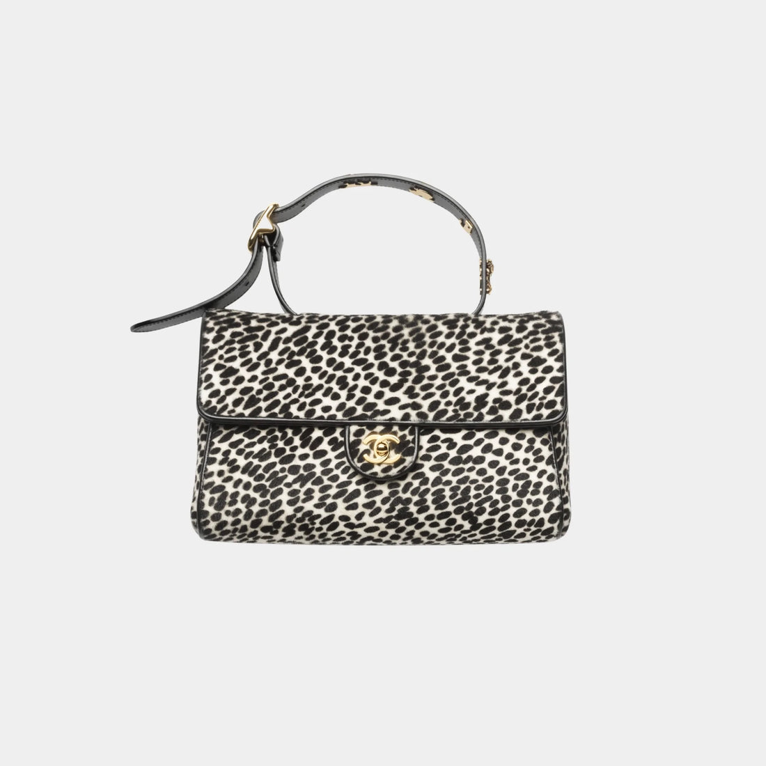 Chanel Flap Bag With Top Handle in White & Black Lambskin, Front
